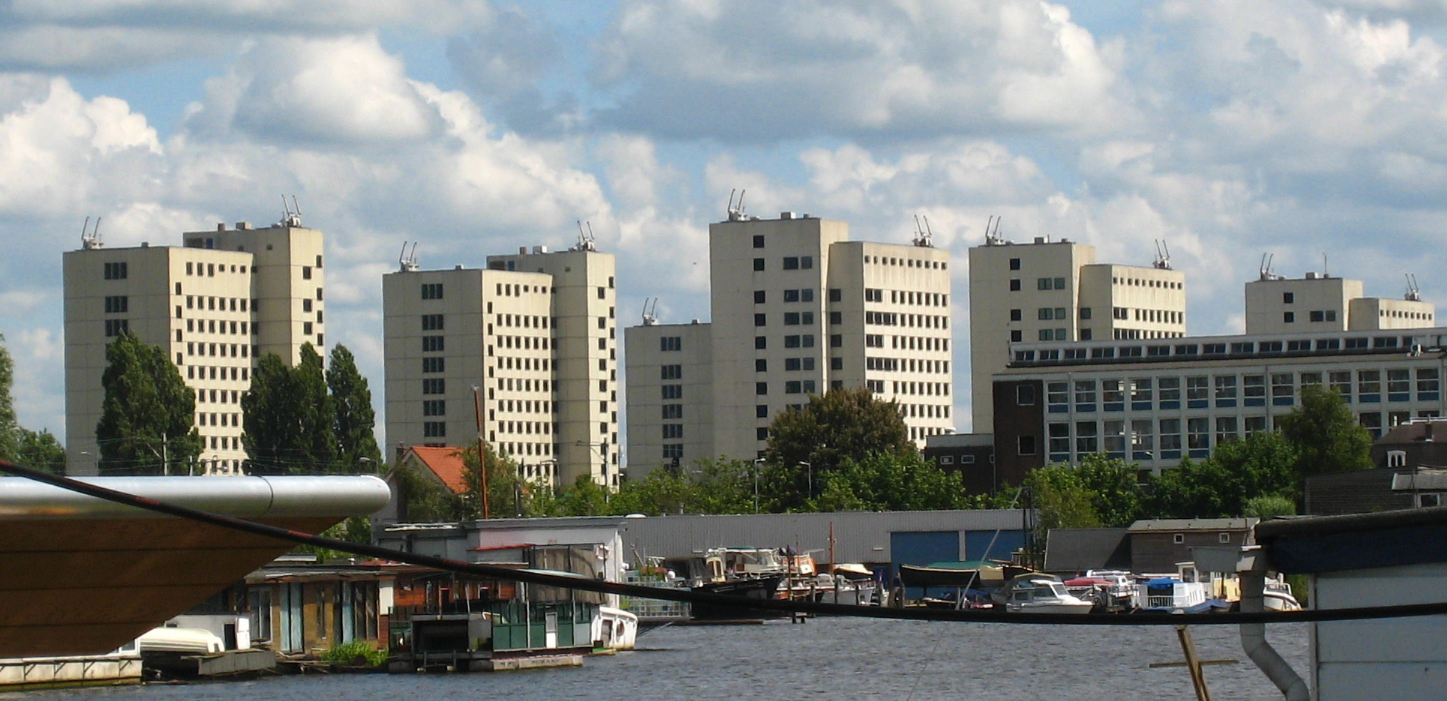 The six towers of the Bijlmerbajes (Penitentiaire Inrichting Over-Amstel), seen over the river Amstel, in Amsterdam, Holland.