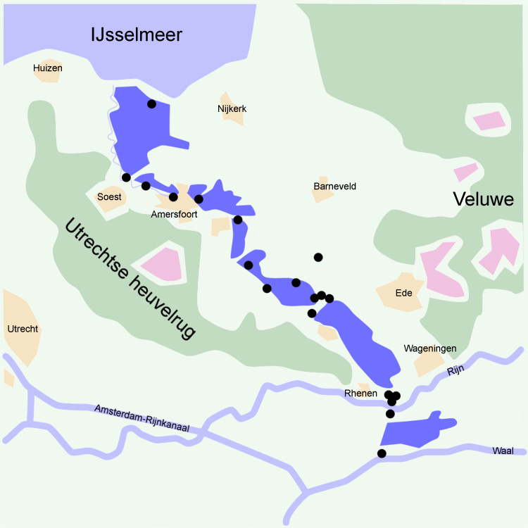 "Grebbelinie" (military defensive line) in the Netherlands. The line was used during the German invasion in may 1940 WWII although the inundation areas could not be flooded because the pumping station wasn't finished yet.
Disclaimer: The exact location of the forts and inundation areas may differ from reality to a slight extent.

Made by Niels Bosboom.