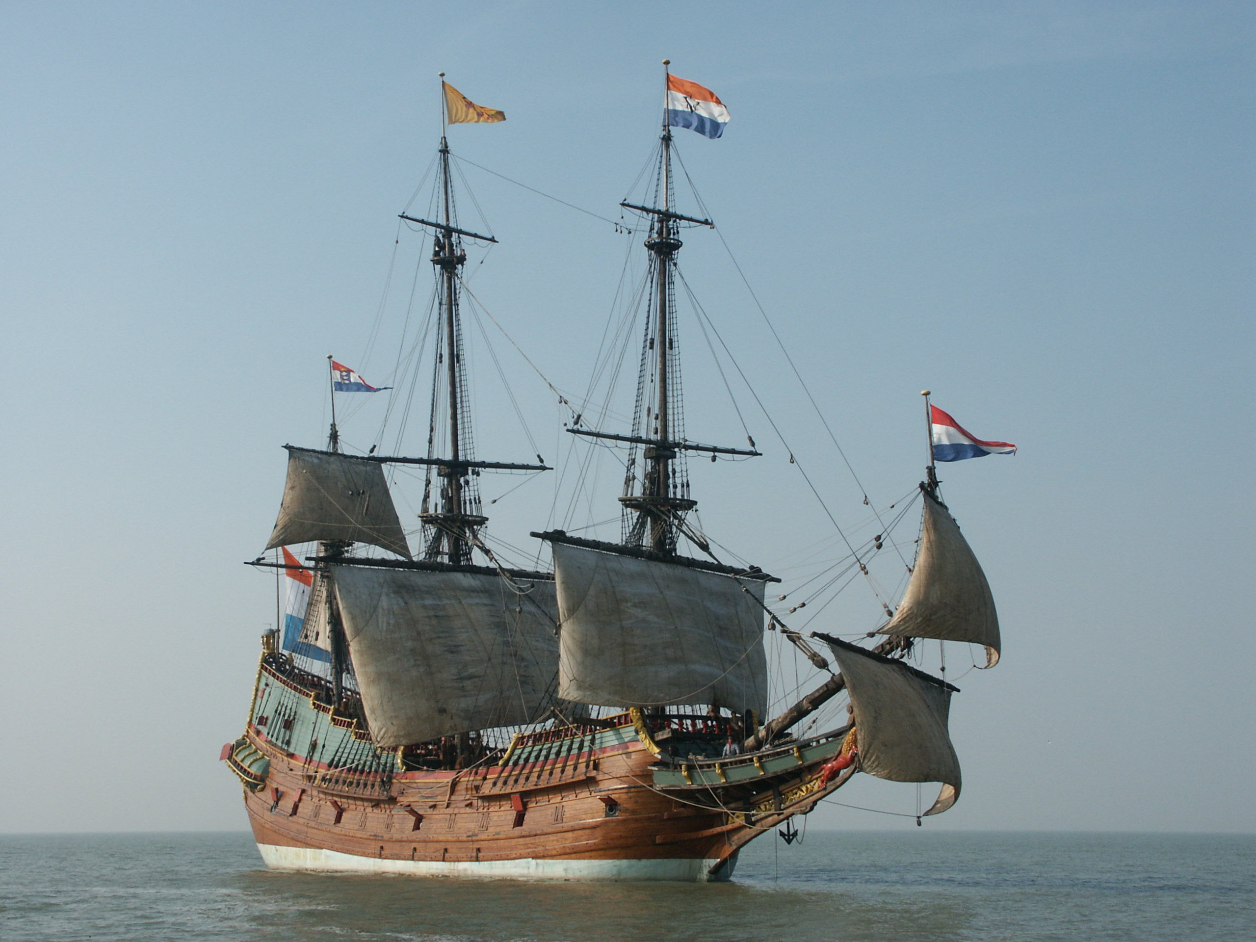 The replica of the Batavia on the Markermeer during a filmshoot. The original ship, Batavia, was wrecked in 1629 off the Houtman Abrolhos islands about 50 km from the coast of Western Australia on its maiden voyage to the Dutch East Indies.