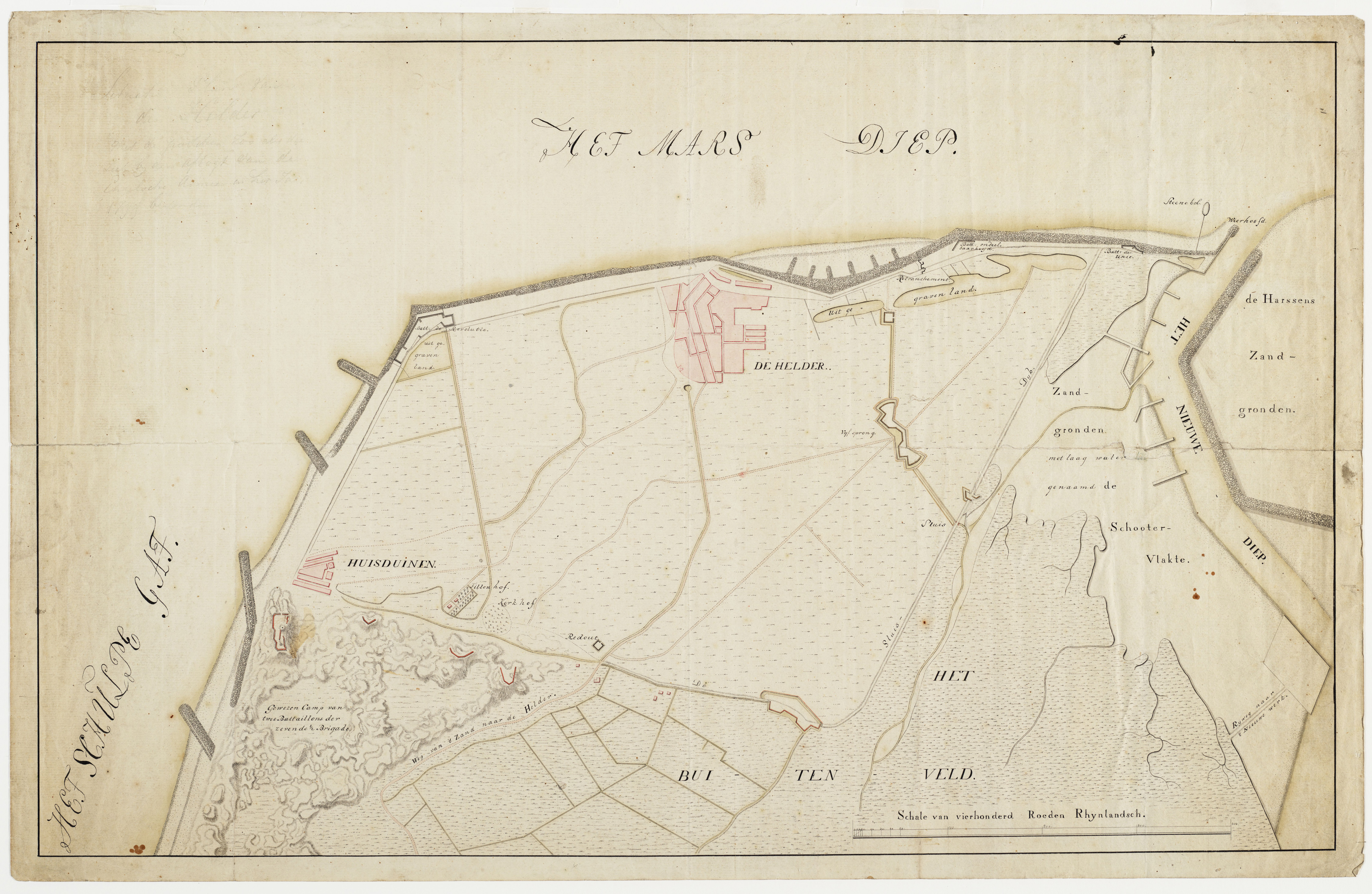 Linksboven dun met potlood: "Situatie Plan van den Helder met de polder Zoo als die zich bij den aftogt van de Engelsche Armee in het jaar 1799 bevond". Getekend op een schaal van 400 Rijnlandse Roeden.
Vervaardiger: Onbekend

Catalogusnummer: PR 1005089