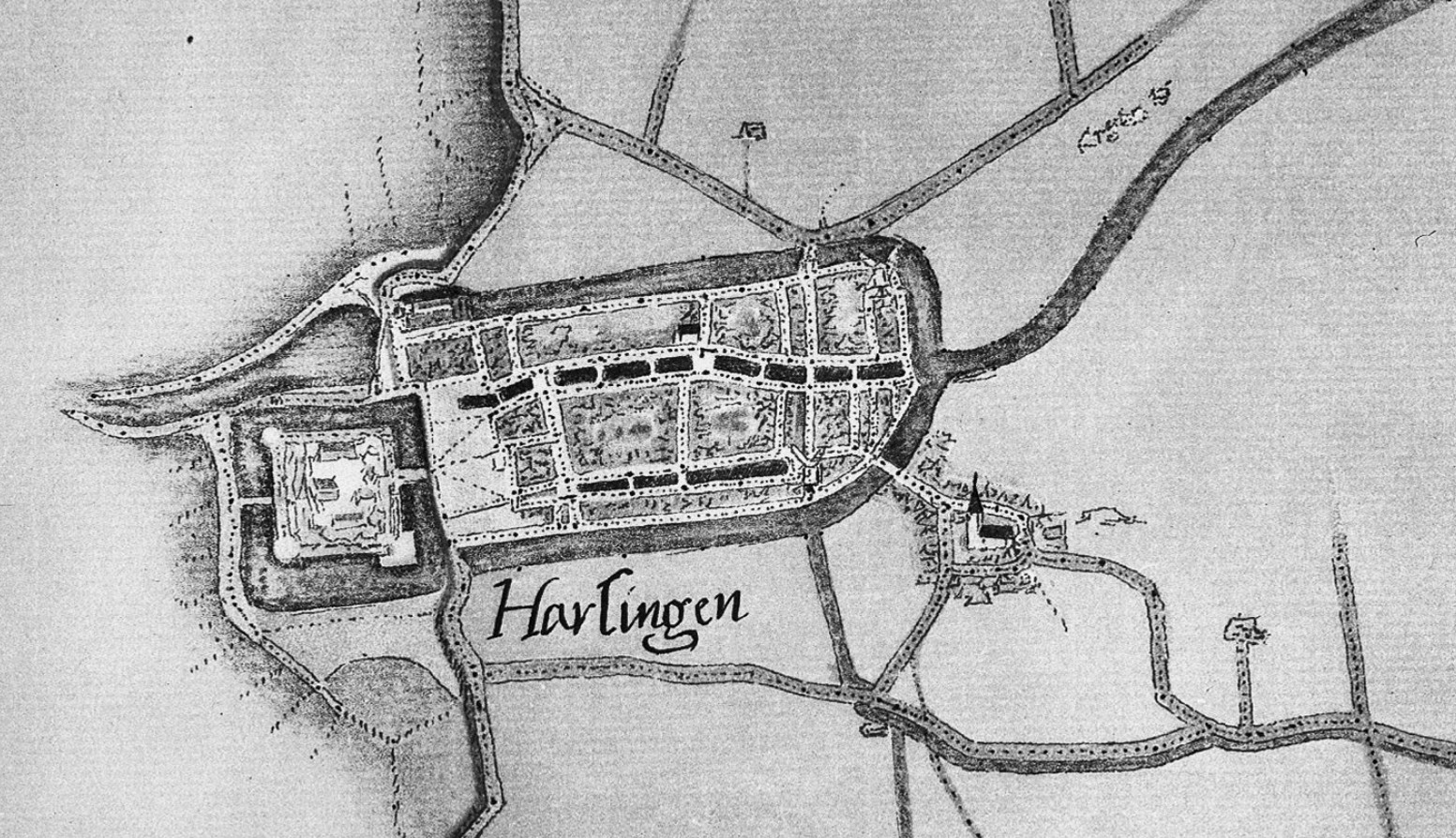 Very Old map of Harlingen Netherlands showing the Cathedral of Almenum southeast of the city. This was the church of St Micahel.