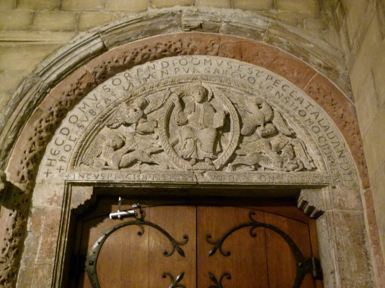 Maiestas Domini, Romanesque tympanum, originally above an East portal, currently above one of the North portals in the cloisters (12th c.). Basilica of Saint Servatius, Maastricht, the Netherlands.