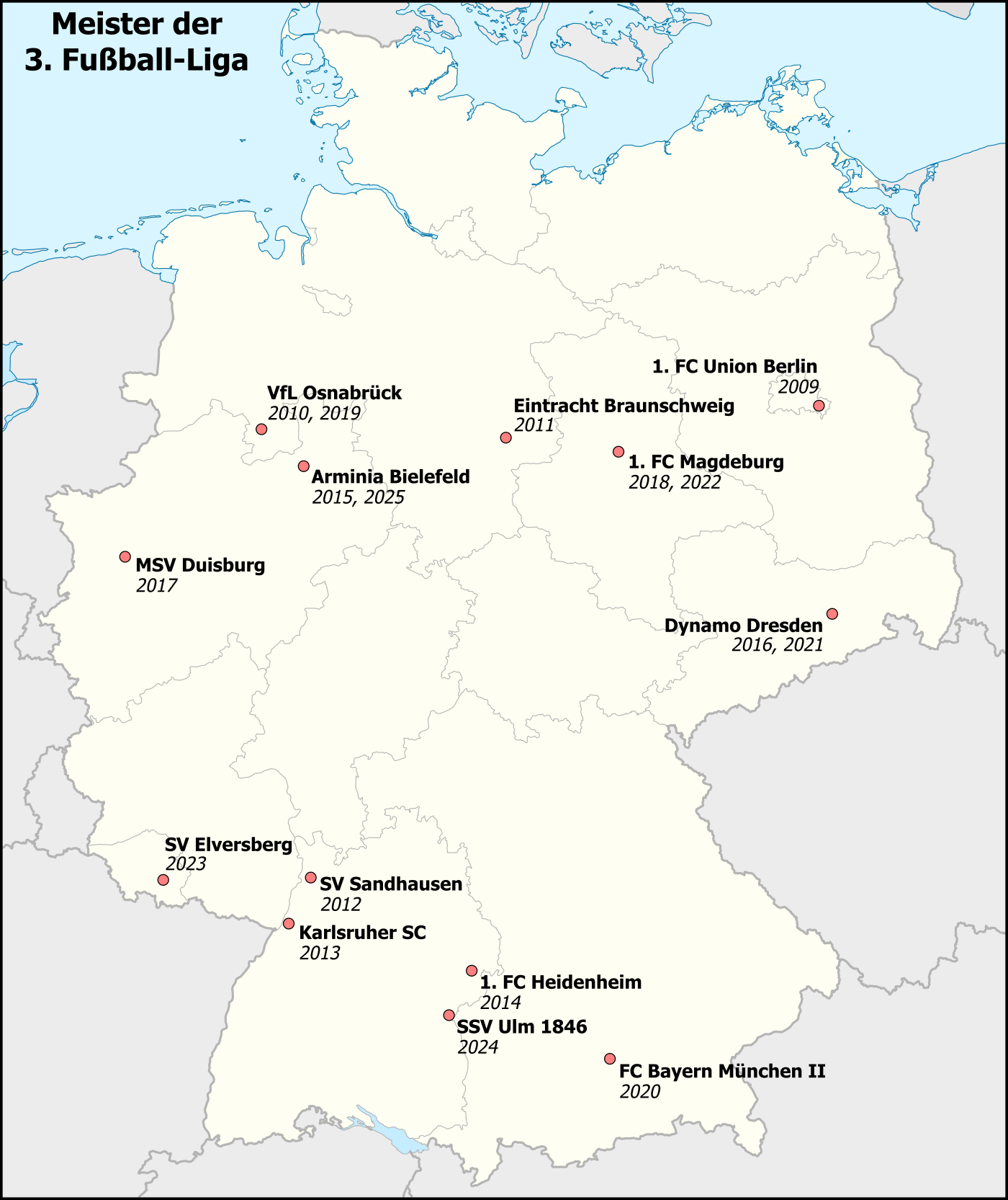 Map of German Third-League Soccer Champions, starting 2009