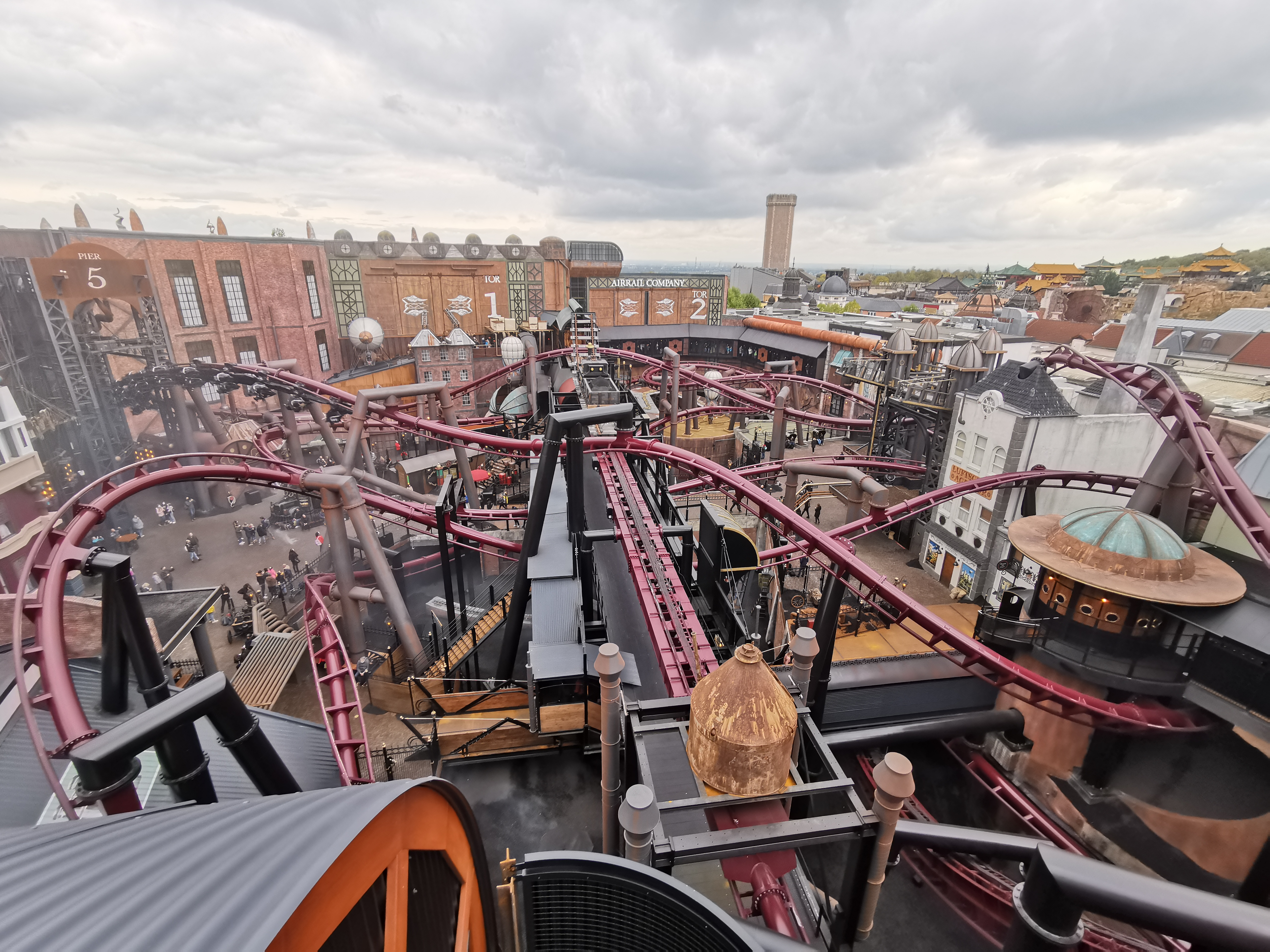 Roller coaster F.L.Y. at theme park Phantasialand - overview from Hotel Charles Lindbergh