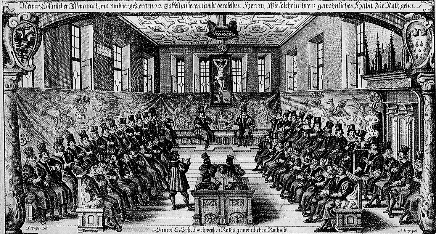 Session of the Cologne Senate in the senate room at the Rathaus. Engraving after a drawing by Johann Toussyn dated 1655.
