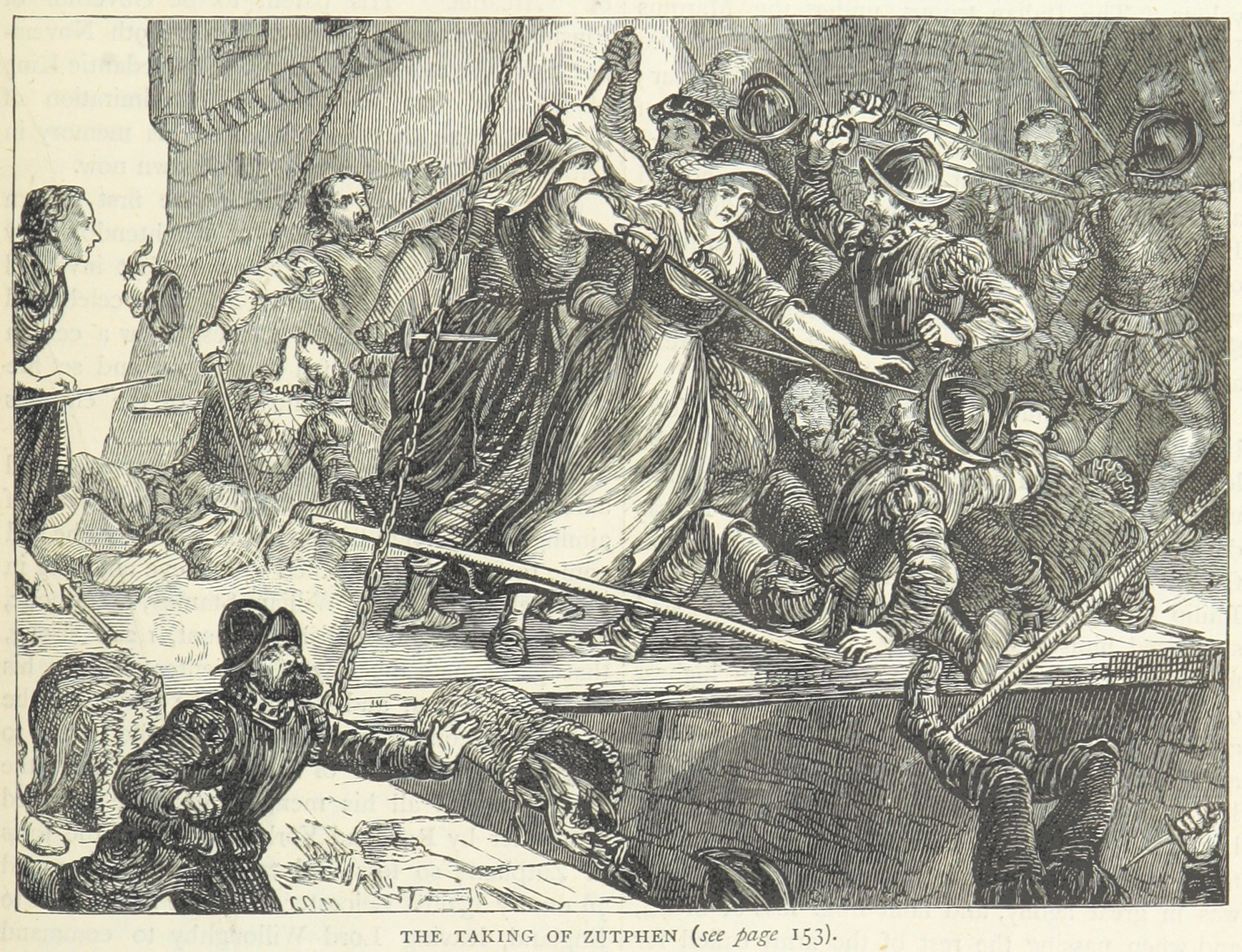 The taking of the west sconce during the Siege of Zutphen in 1591.  The figures in women's clothing are disguised English soldiers.