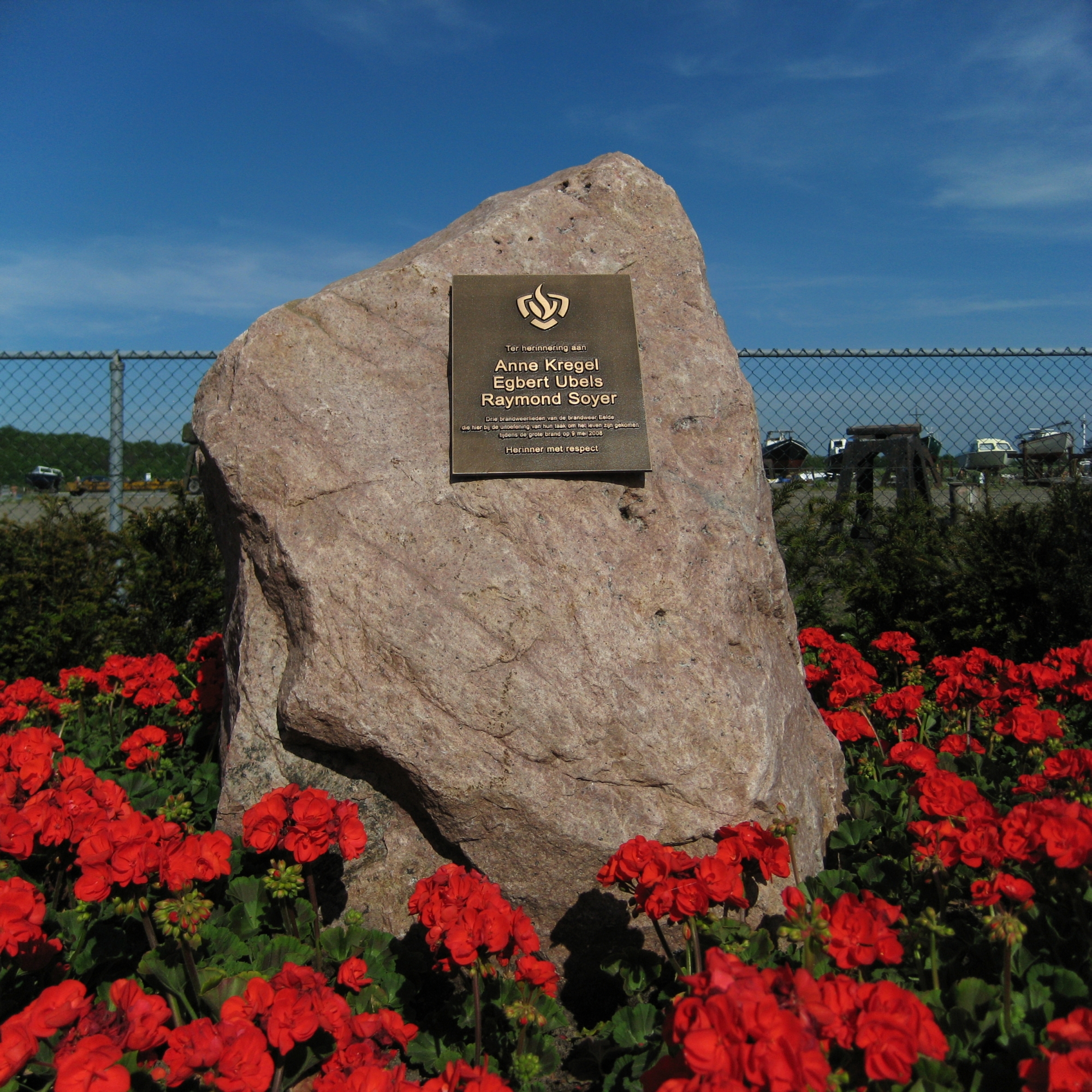 Memorial for three firemen who were killed on May 9, 2008, in a large fire at a shipyard in De Punt, a village in the Dutch province of Drenthe.