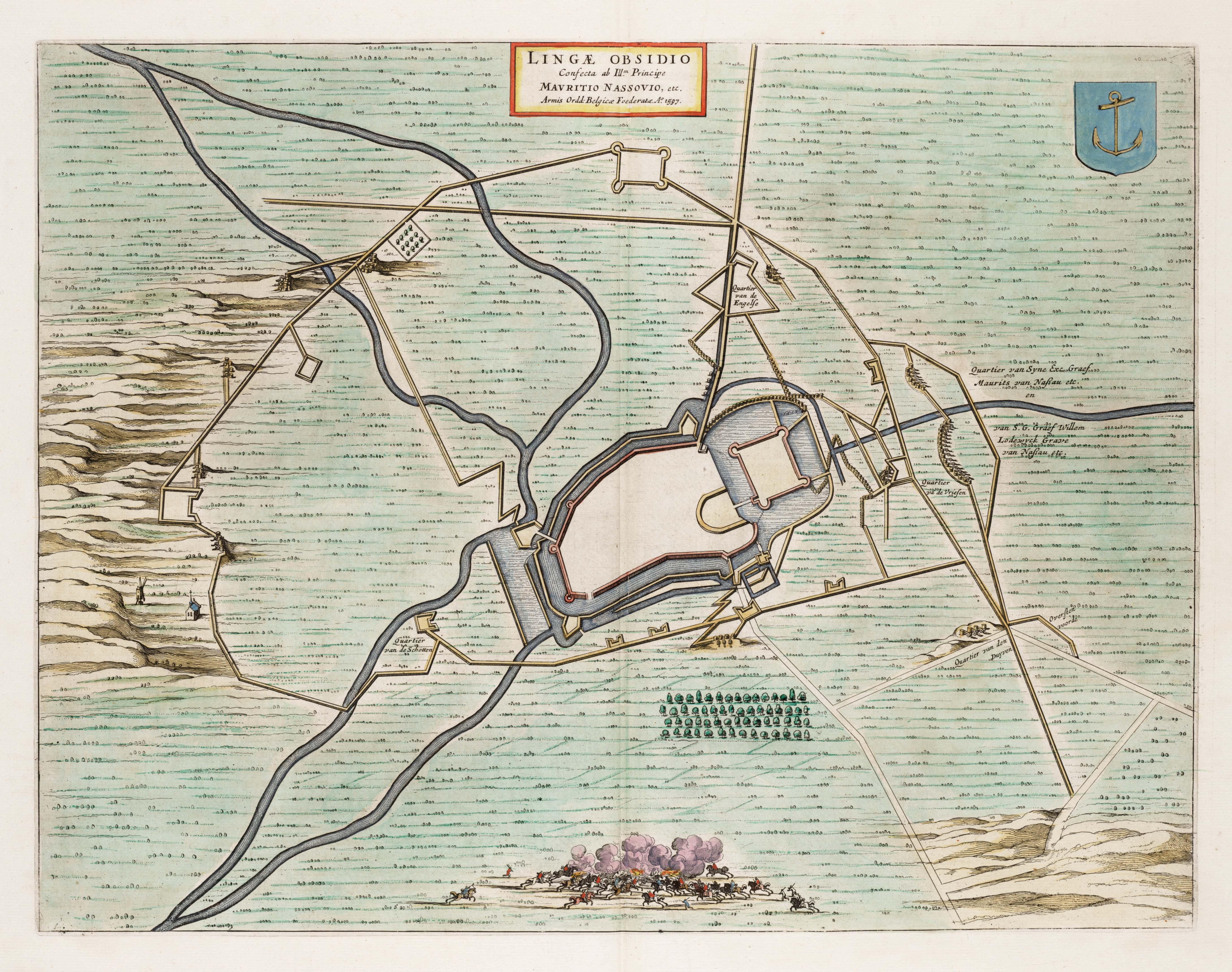 This maps depicts siege of the German town Lingen by a Dutch army led by Prince Maurits. The fortress is surrounded by army troops and siege machines. The map was included in the first volume of Joan Blaeu's (1698-1673) Town Books of the Netherlands which was dedicated to the Northern Netherlands.
