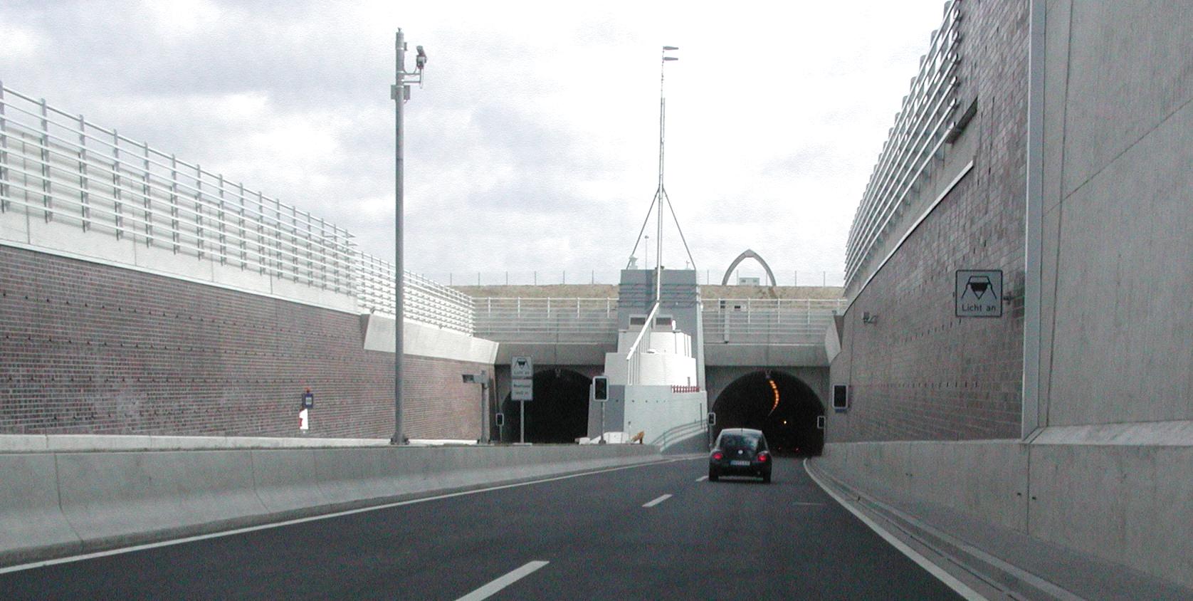 Driving into the Wesertunnel from western direction, Stadland, Lower Saxony, Germany