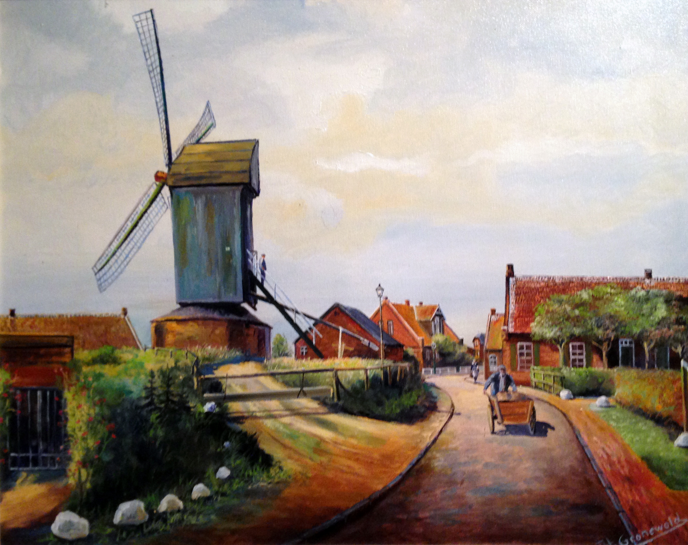 Gemälde Öl auf Leinwand der Ekeler Mühle in Norden, Ostfriesland, an der Kreuzung Schulstraße / Mühlenstraße,  1995-2005 gemalt von Theodor H. Gronewold, Neßmersiel (1940-2015)