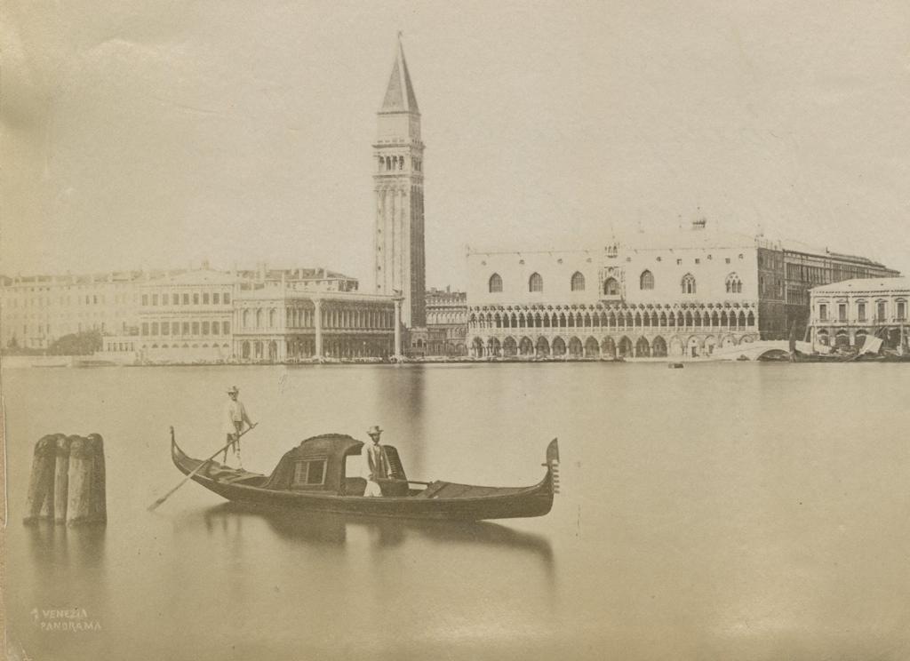 "Venice. Doge's Palace, Campanile and San Marco Square from the Grand Canal." "Venezia Panorama." albumen prints Image No. 79. "Venice. Doges Palace, Campanile and San Marco Square from the Grand Canal" titled in ink and "Venezia Panorama" titled in plate. Shows gondolier. 5 3/8 x 4 photo, mounted. c. 1875. Legacy file ID changed to match file names with extension on 2021-07-01. Original ID was: Wolff_AsiaAfricaEurope_singles_079.jpg