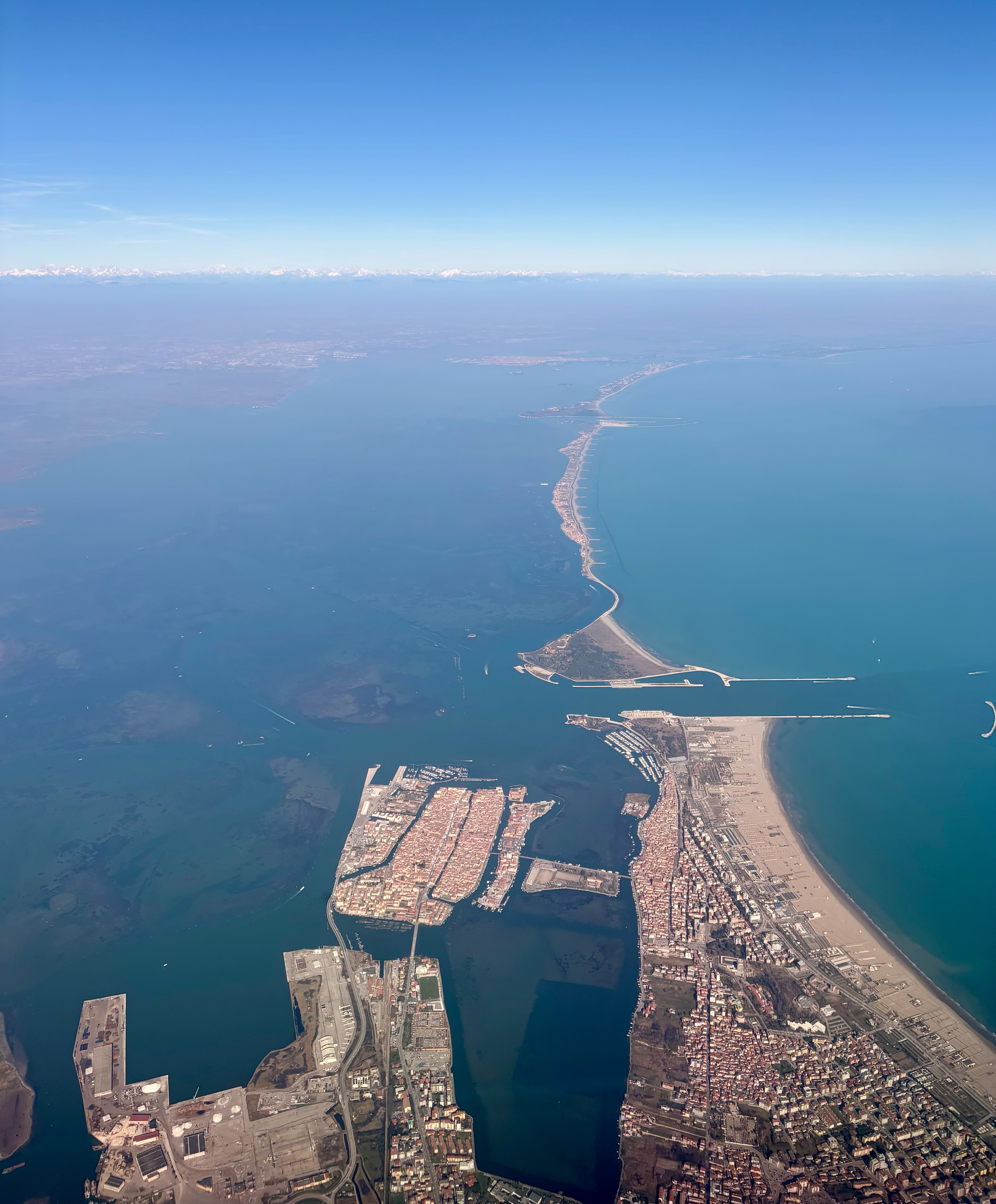 Aerial view of Chioggia and the barrier islands of the Venetian Lagoon.