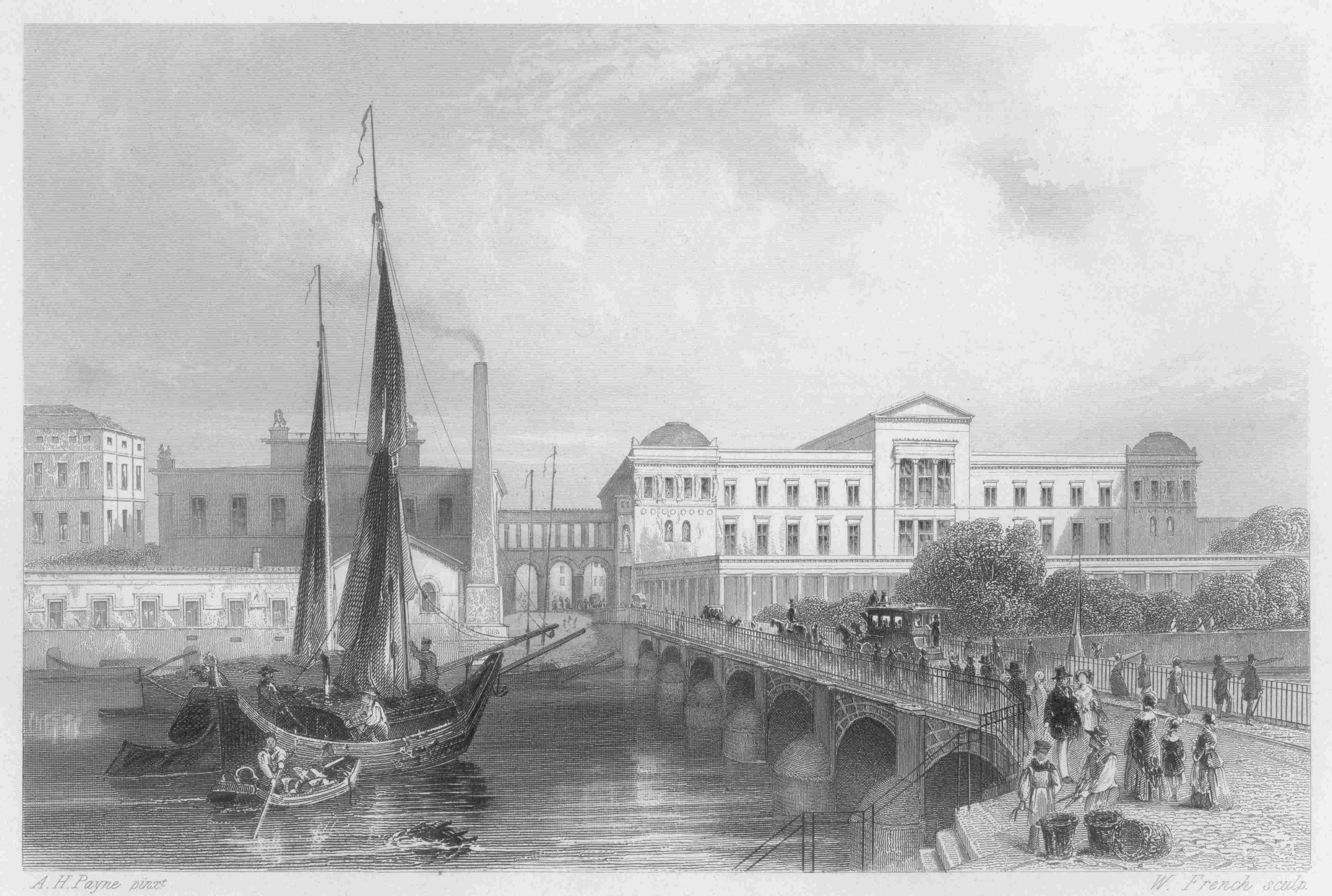 Berlin Neues Museum, Ansicht mit der Friedrichsbrücke um 1850, Stahlstich
