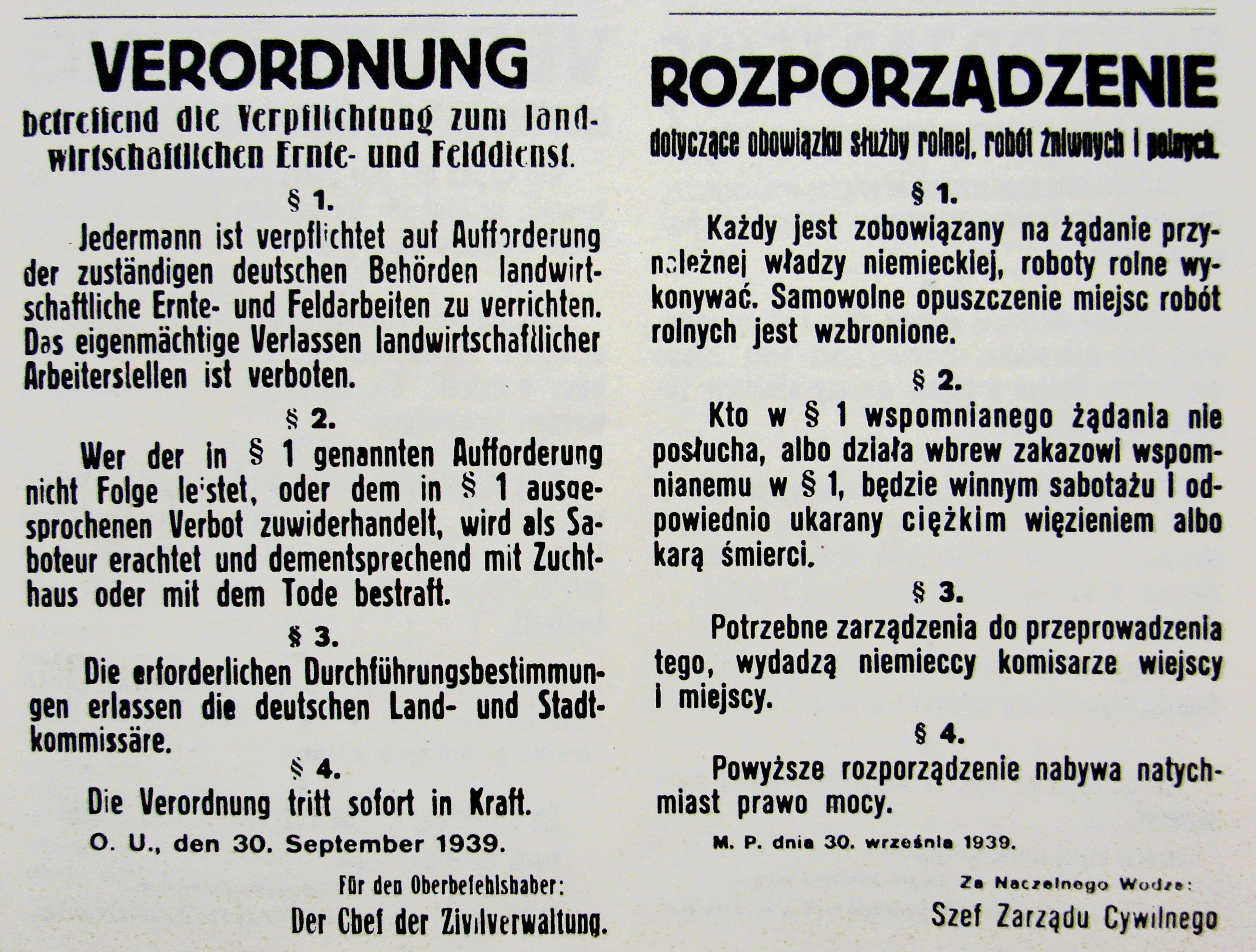 German notice from 30 September 1939 in occupied Poland, warning of the death penalty for refusal to work during harvest