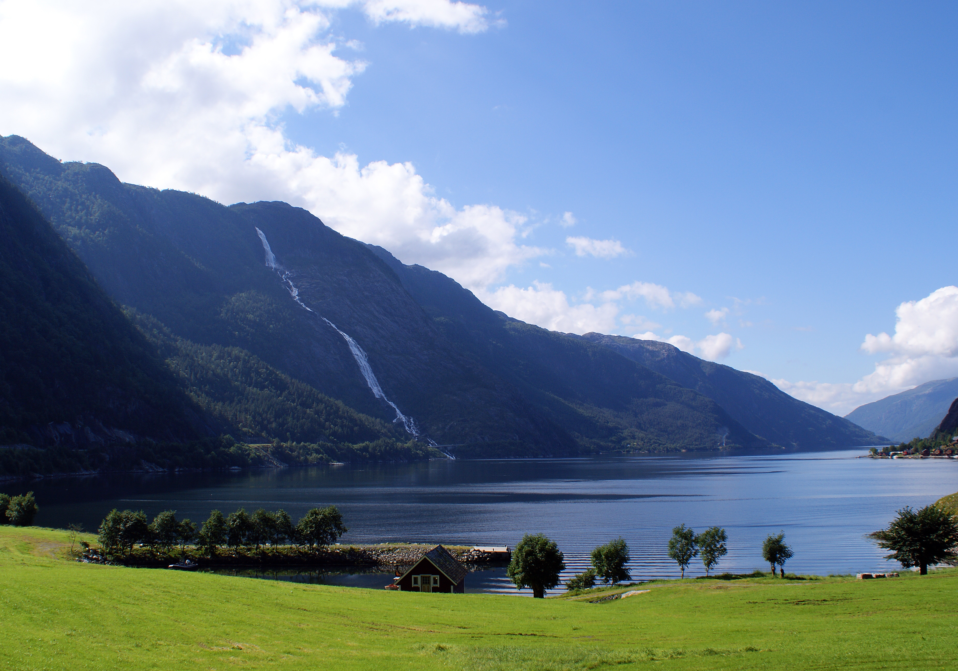 Åkrafjorden with the Langfoss waterfall in Hordaland, Vestland County, Norway