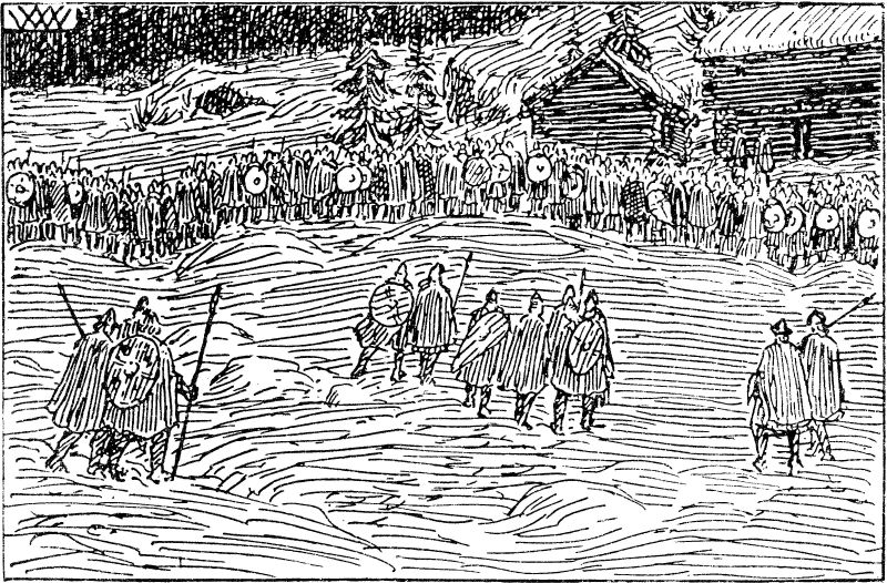 Wilhelm Wetlesen: Illustration for Håkon Herdebreis saga, Heimskringla 1899-edition.  nn: «Då let kong Inge blåse hæren i hop og ut or byen.»