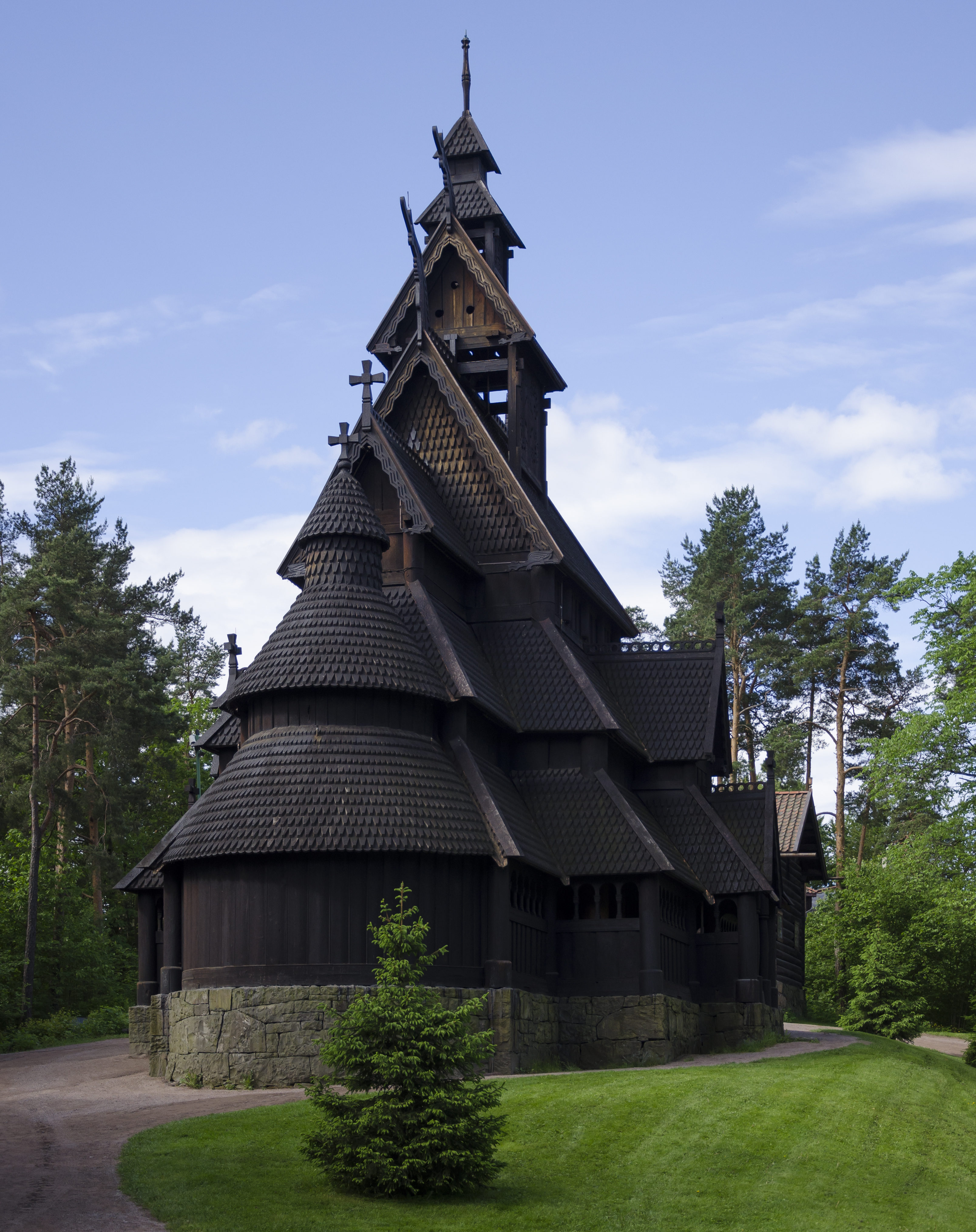 Stave church from Gol in Halling valley, ca. 1200. Moved to the Norwegian Museum of Cultural History 1884. Around 1/3 of the materials were thought to be mediaeval - the rest of the church was reconstructed, modelled after Borgund stave church in Sogn.