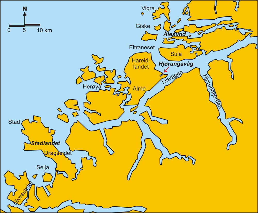 Map showing the place for the battle of Hjørnungavåg, 986