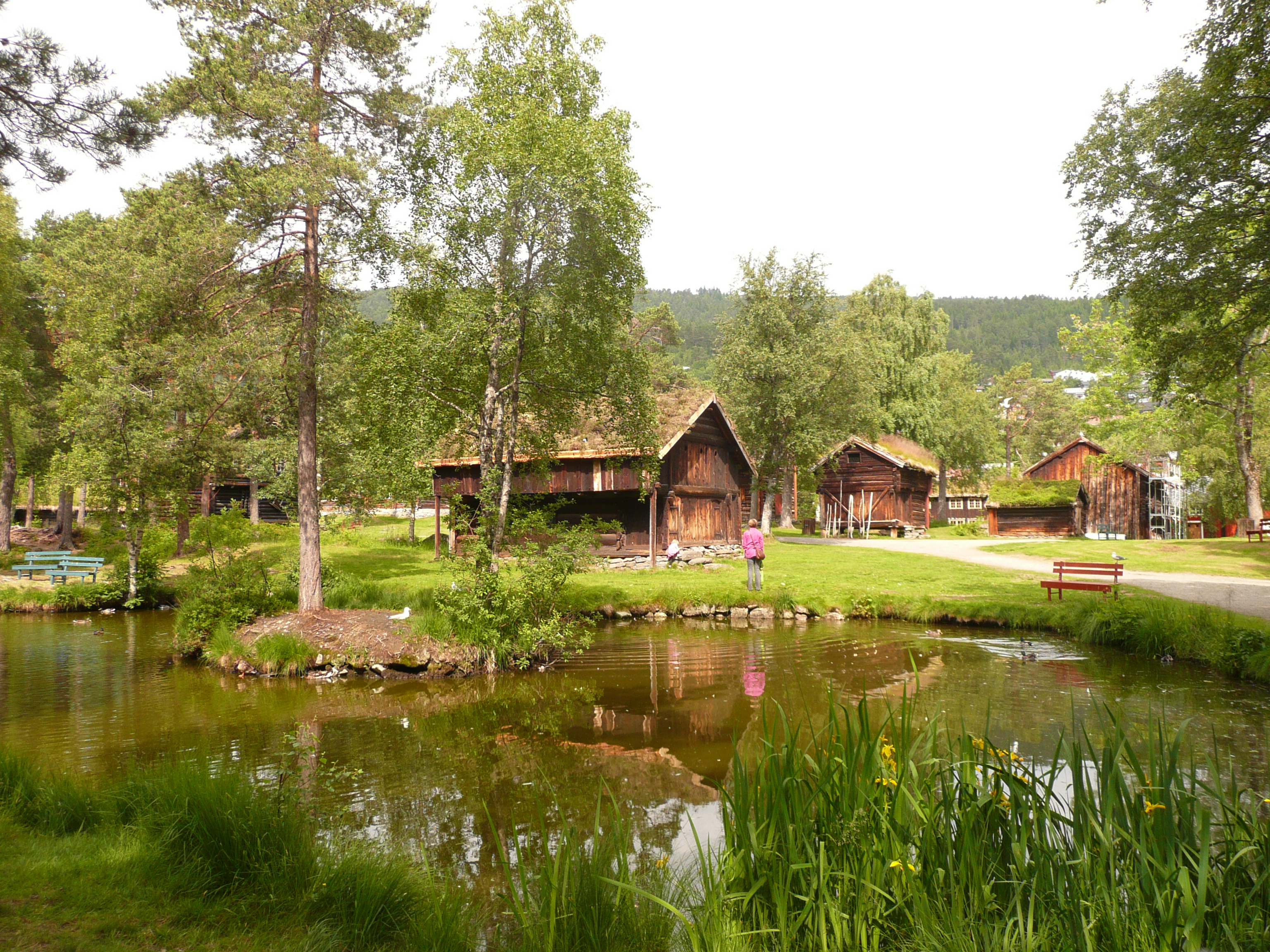 Panoramic view of the Romsdal Museum over its pond sourrounded by traditional houses, Molde.