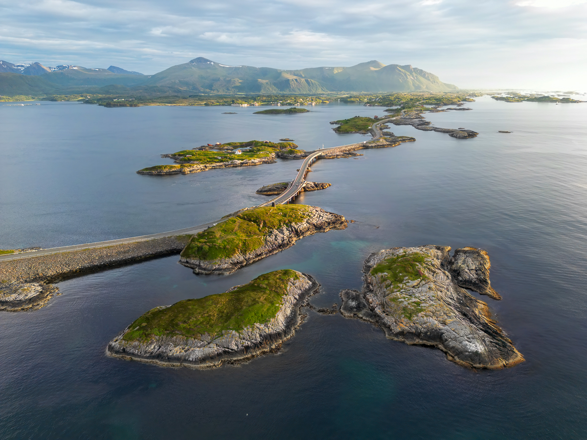 Aerial view of a part of the Atlantic Ocean Road, taken at midnight sun.
