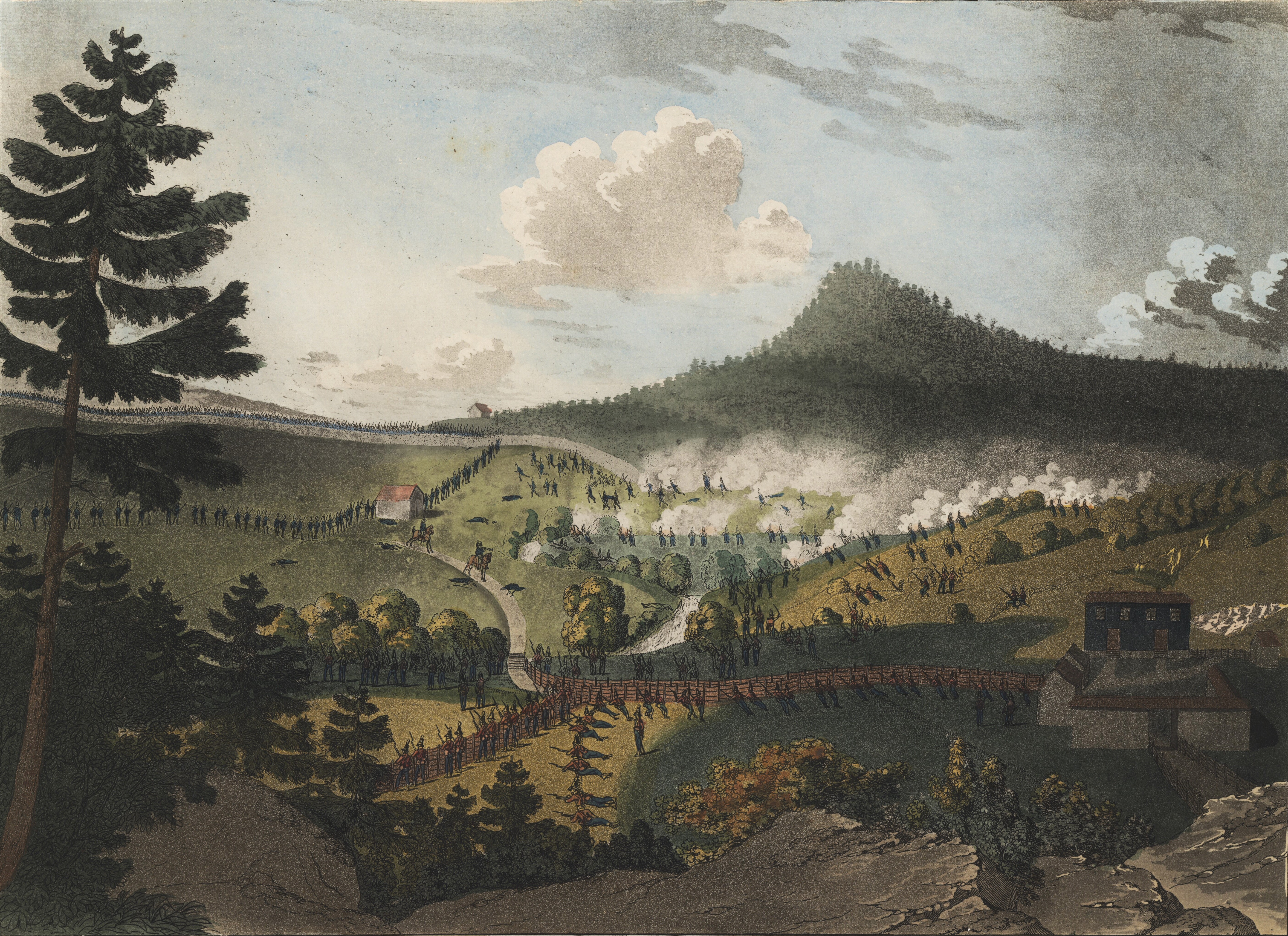 The Battle of Berby during the Dano-Swedish War of 1808–09; the Danish forces (red) can be seen defending against a Swedish force (blue), coming over the hill, behind the stone wall.