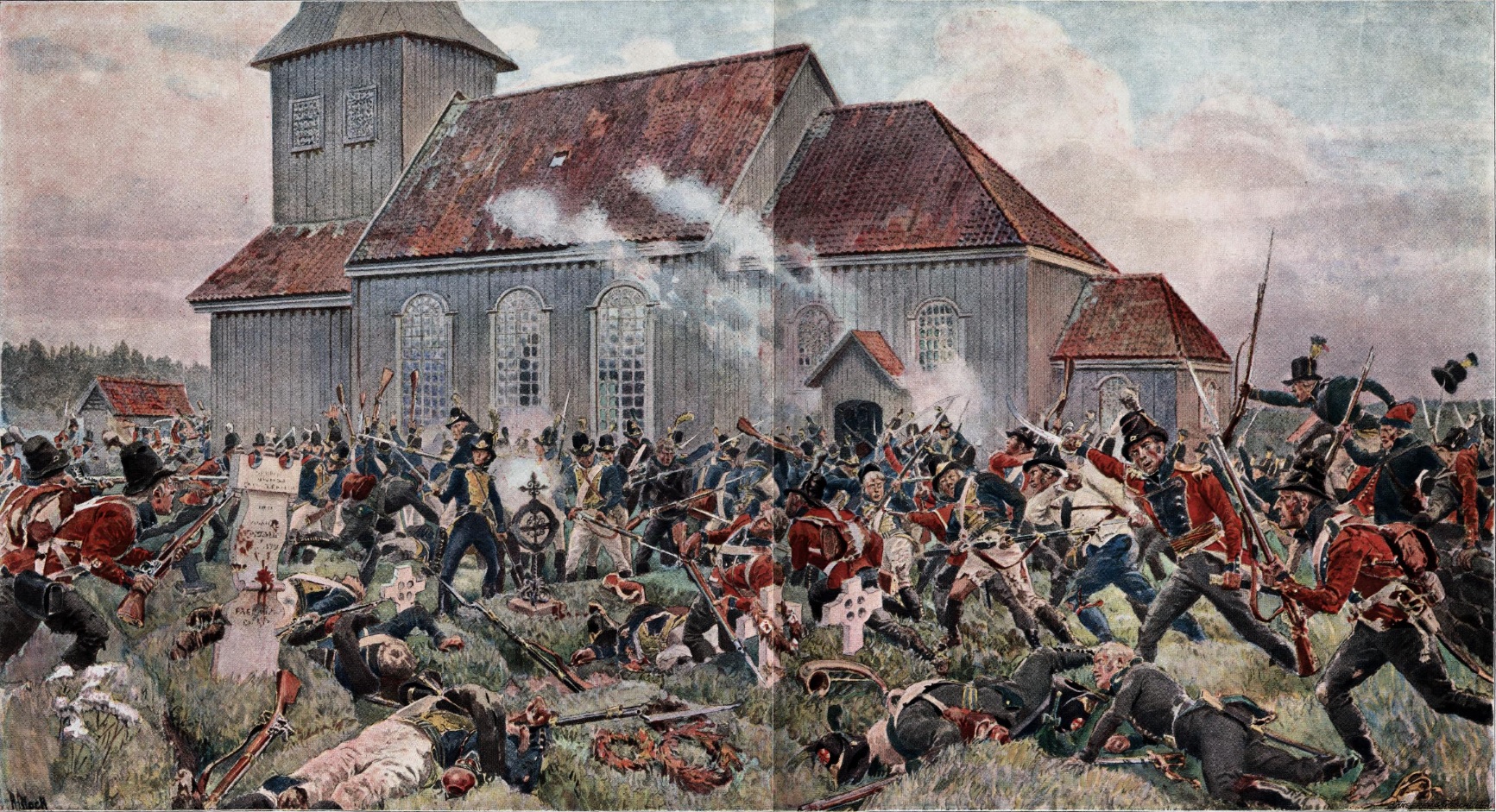 The Battle of Prestebakke during the Dano-Swedish War of 1808–09; Norwegian forces can be seen storming the cemetery, where the Swedish forces made a last stand.