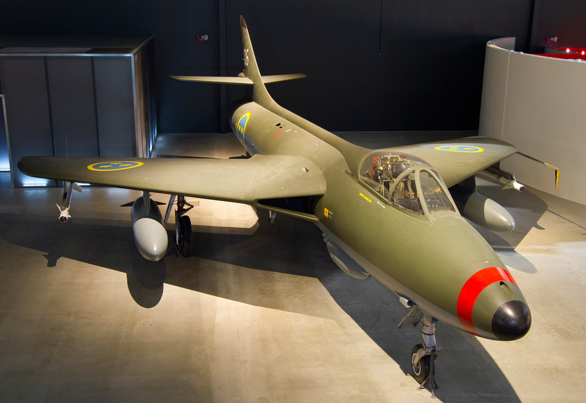 Swedish Airforce J34 Hawker Hunter Jetfighter on display at Swedish Airforce Museum in Linkoping
