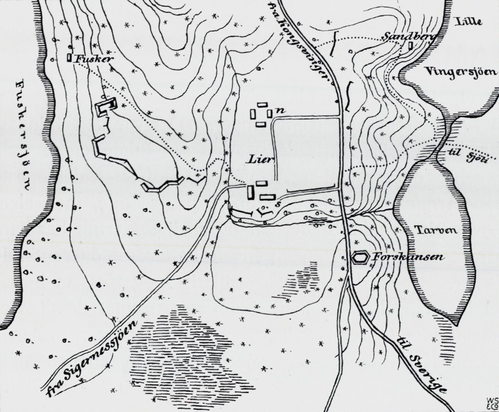 Map over the Battle of Lier, 1808; the Norwegian position stretched around the heights, between the Føsker, Tarven and Vainger lakes, with the Lier homesteads in the centre. The Norwegian redoubt is seen left (west) of the Tarven, on the right side of the main road; the Swedes arrived on that road, from the south-east.