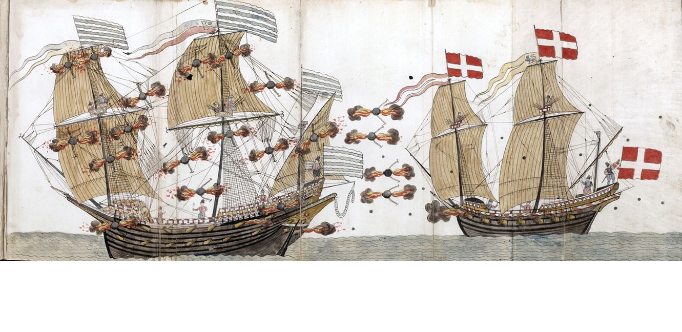 This is probably an illustration of the Swedish warship Mars under attack by a Danish ship