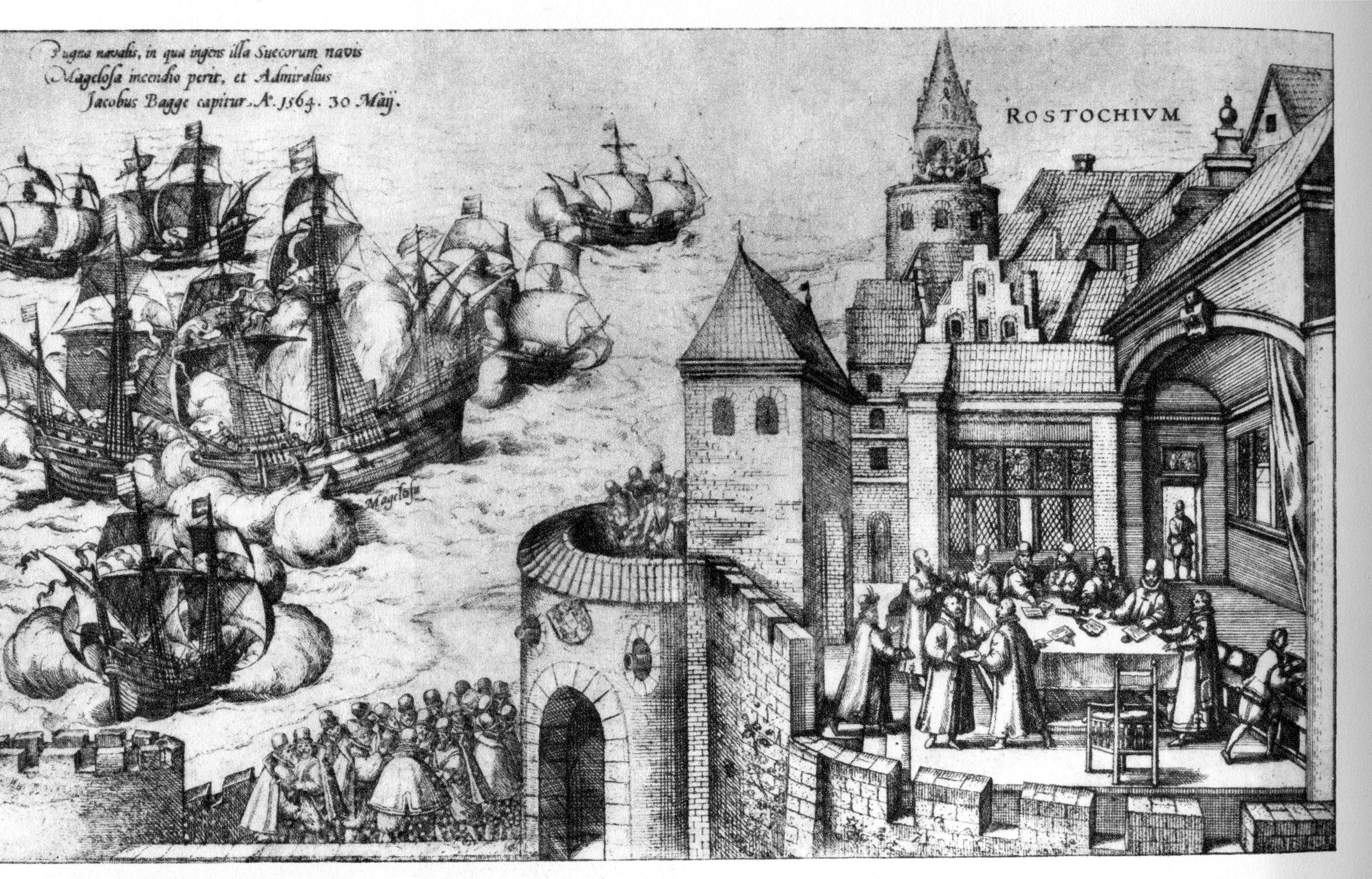 Die Grafik zeigt den Verlauf der Seeschlacht am 30./31.Mai 1564 in der Ostsee zwischen den Inseln Öland und Gotland zur Zeit des Dreikronenkrieges. In der rechten Bildhälfte sind die gescheiterten Friedenverhandlungen in der Stadt Rostock (ROSTOCHIVM) zu sehen. Die linke Bildhälfte zeigt die Kaperung des schwedischen Flaggschiffes MARS (auch bekannt als Makalös bzw. Jutehattaren) durch das Lübecker Flaggschiff "Der Engel" sowie weitere Schiffe der dänisch-lübecker Flotte. Die Seeschlacht endete mit der Versenkung der Mars und der Gefangennahme des schwedischen Befehlshabers Admiral Jakob Bagge sowie seinem Stellvertreter Arvid Trolle.