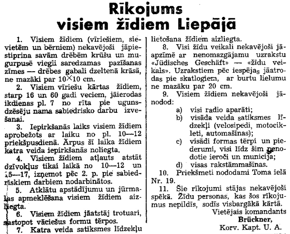 Published order (in Latvian) imposing restrictions on the Jews of Liepāja, Latvia, including the wearing of the yellow star.