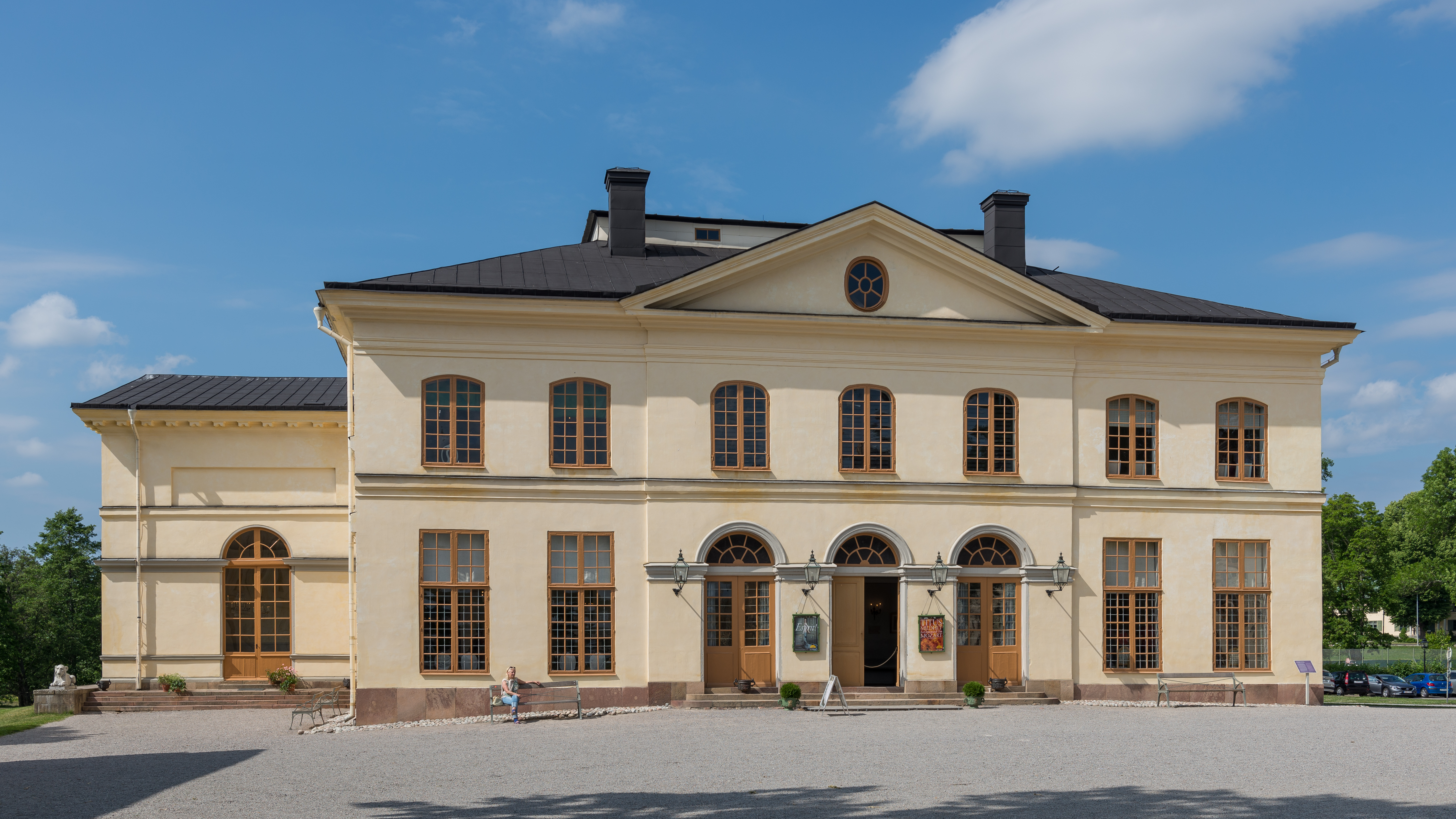The south facade of Drottningholm Palace Theatre seen from Teaterplanen (the Theatre Square).