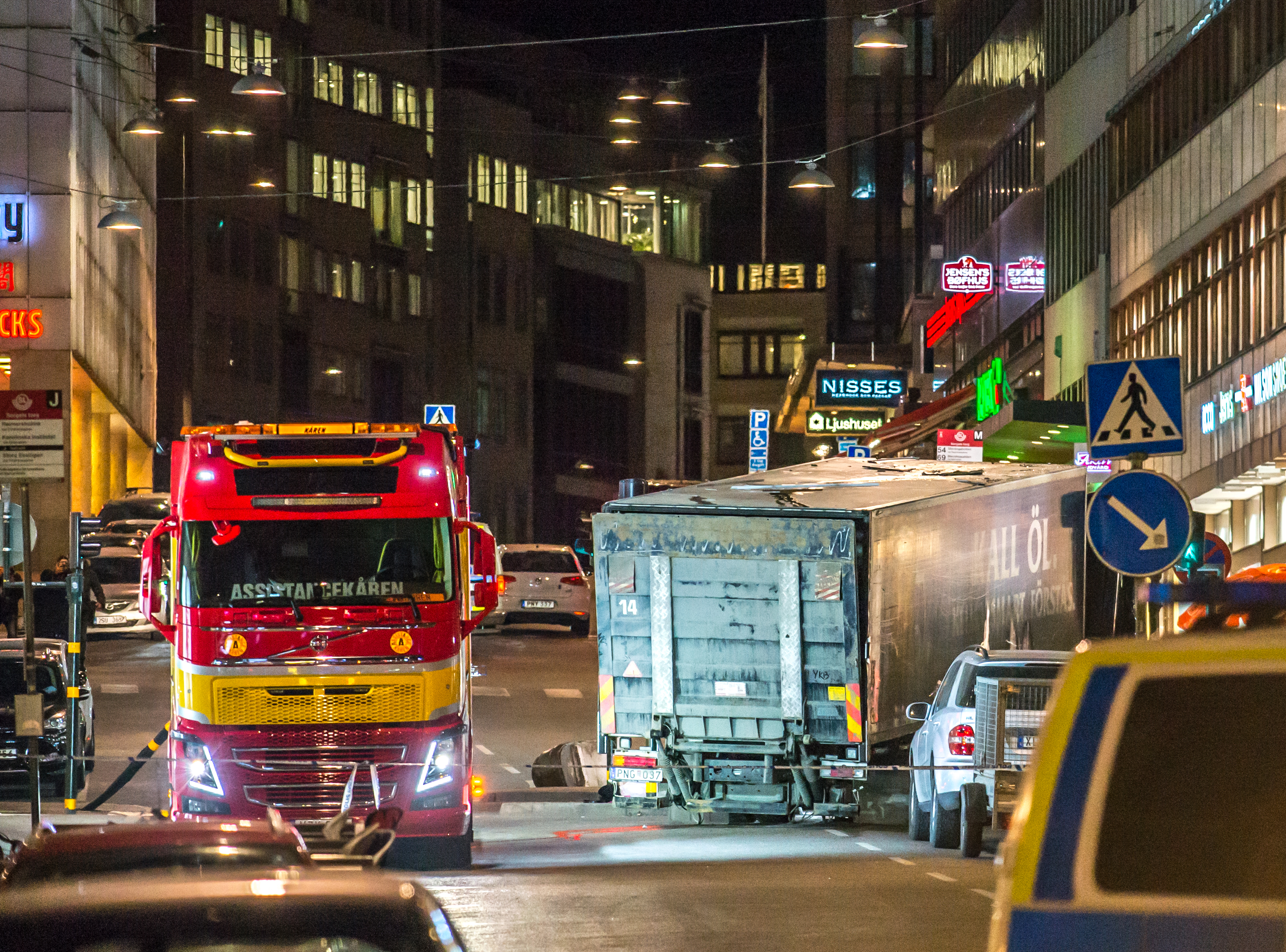 The terrorist attack in Stockholm April 7, 2017. Truck transported away during the night.