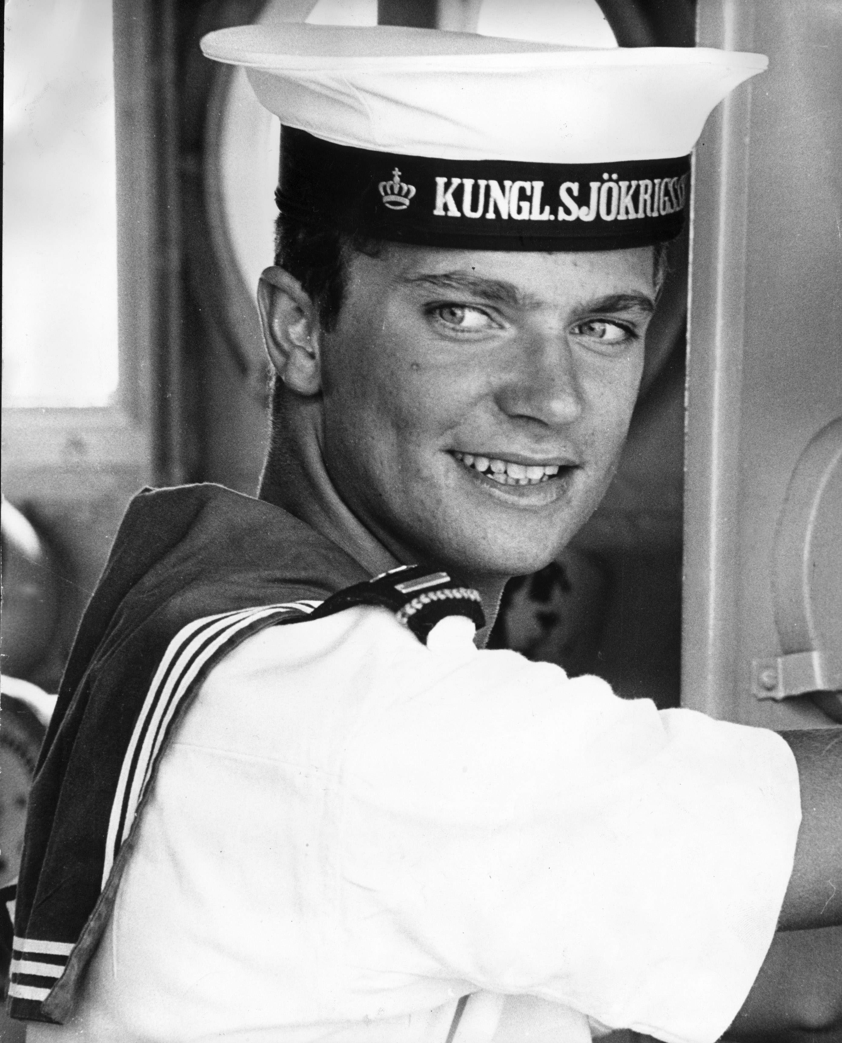 HRH the Prince Karl Gustaf Folke Hubertus Bernadotte, Duke of Jämtland, later Crown Prince and King of Sweden as HM Karl XVI Gustaf, during his military service at the Royal Swedish Naval Academy.