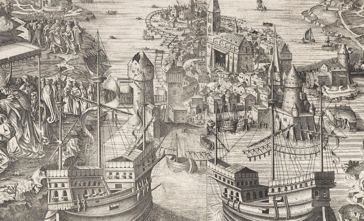Ausschnitt einer Ansicht der Stadt Stockholm mit den Ereignissen von 1520, im Vordergrund die von Admiral Sören Norby befehligte dänische Flotte Christians II. (Stich nach einem verschollenen Holzschnitt von 1520)