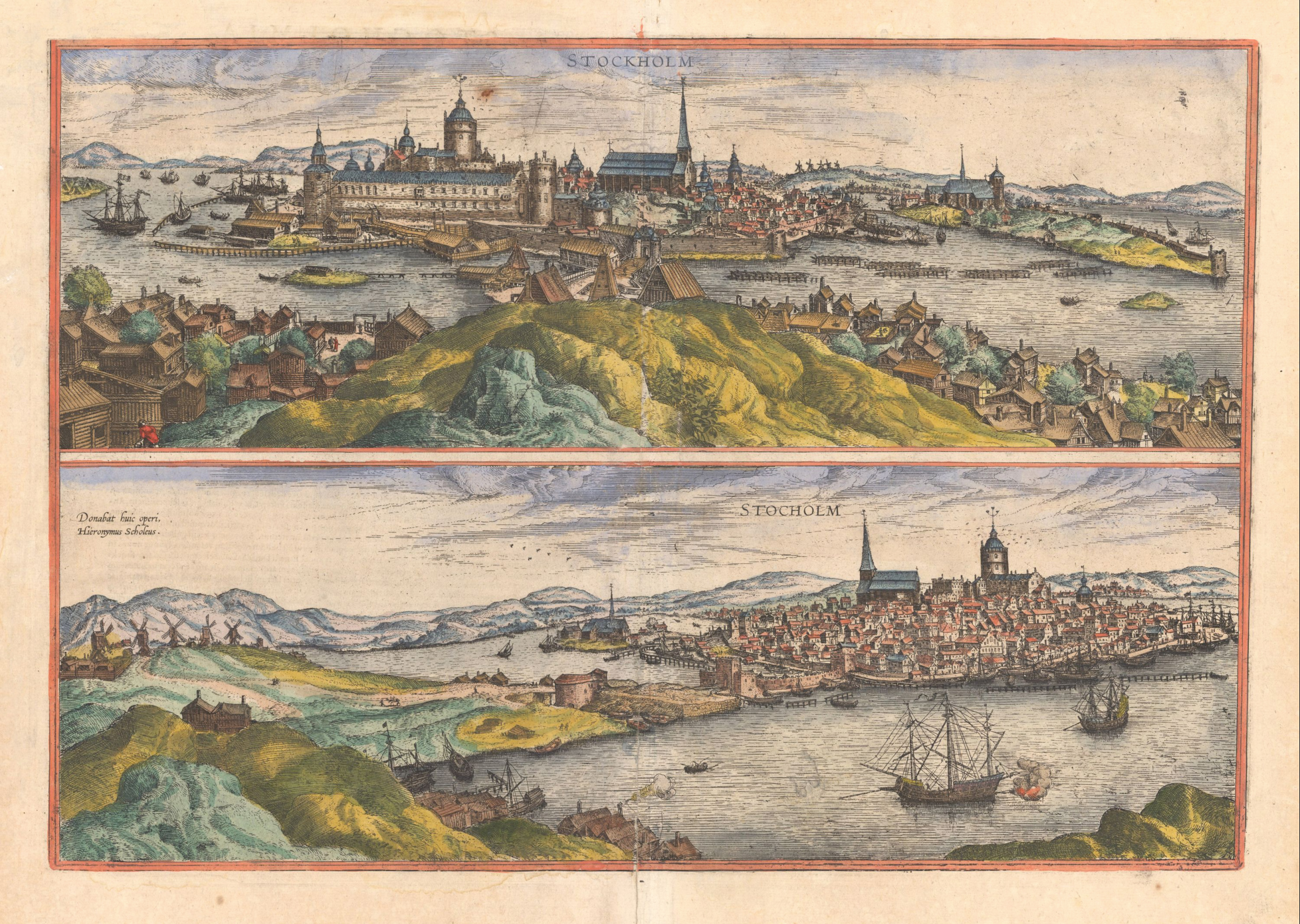 Stockholm viewed from the north (above) and from the south (below). Copperplate by Frans Hogenberg c. 1570.