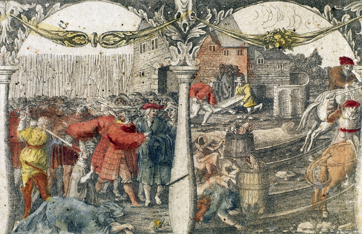 Soon after the events of the Stockholm Bloodbath, Gustav Vasa had a series of images made, here represented by two scenes from Padt-Brugge's engraving from 1676, based on a woodcut by Kort Steinkamp and Hans Kruse (Antwerp 1524) To the left we see the executioner raise his axe to decapitate Vincens Henningsson, one of the two bishops. The body in the foreground is that of bishop Mattias Gregersson; he has already been decapitated and in the lower right corner of the scene the mitre-clad head can be partially seen. The scene on the right depicts the exhumation of Sten Sture the Younger's corpse and henchmen carrying off this and other decapitated bodies to burn at the heretic's stake on Södermalm.These images have an obvious political and propagandistic goal. He wanted to depict Christian II of Denmark as a merciless tyrant. uploaded to sv.wikipedia by Dan Koehl on June 7, 2003