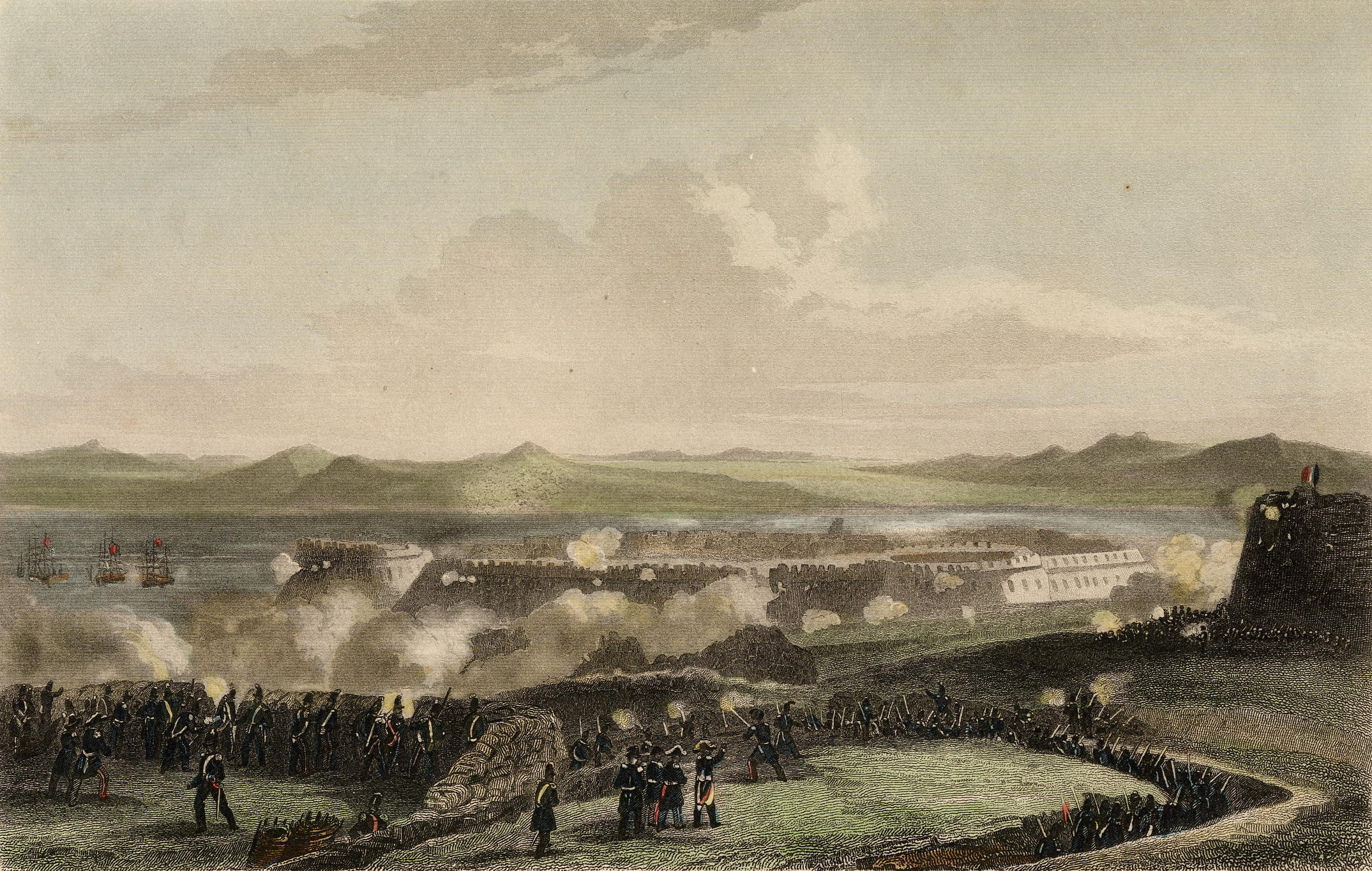 Soldiers in trenches an artillerie batteries shooting the coastal fortress of Bomarsund 1854.