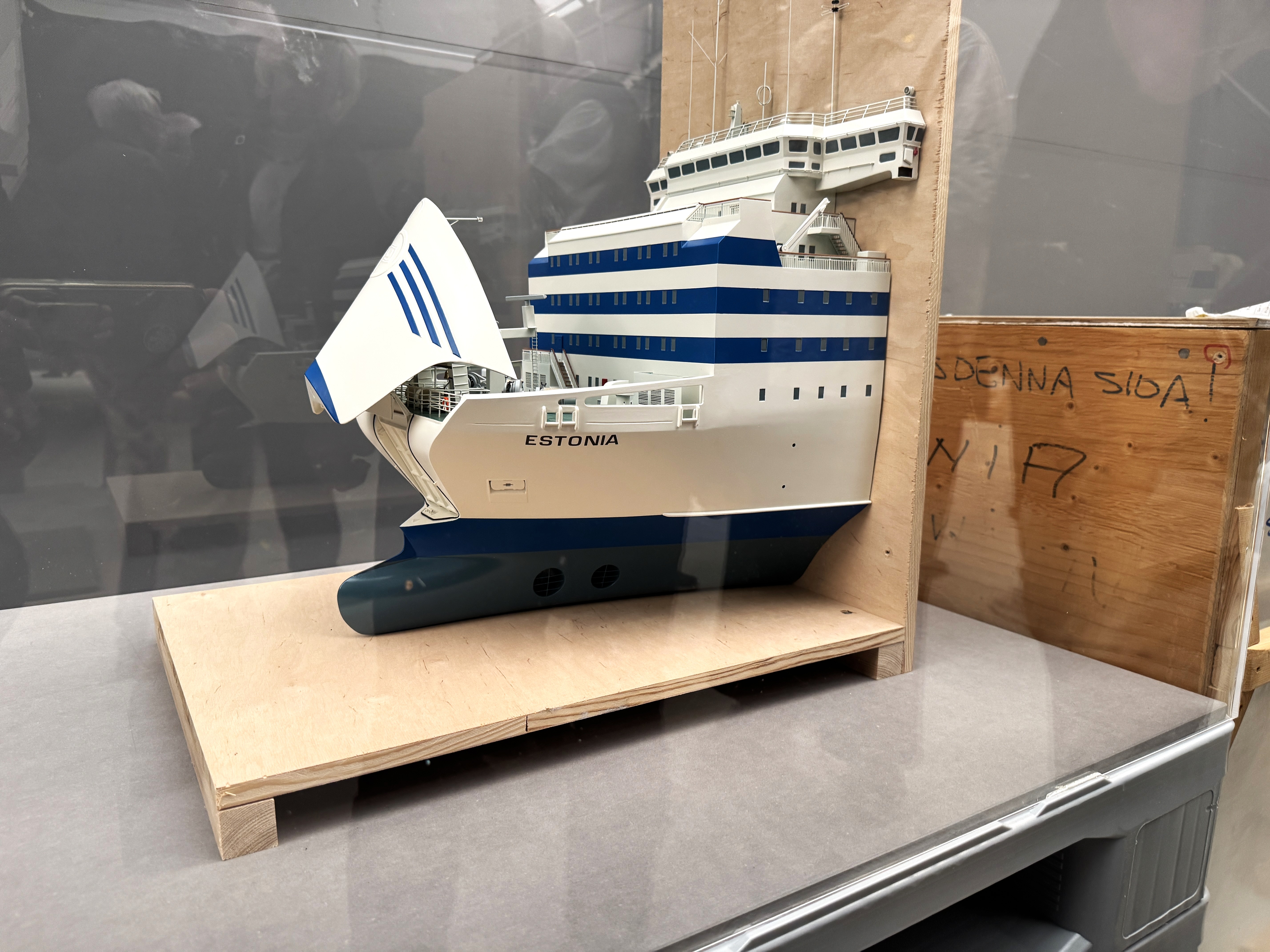 A model of the bow and the bow visor of M/S Estonia, a cruiseferry operated by Estline, which sank on Wednesday, 28 September 1994, between about 00:50 and 01:50 (UTC+2) as the ship was crossing the Baltic Sea, en route from Tallinn, Estonia, to Stockholm, Sweden. Both the real bow visor of the ship and the model are stored at the Muskö Naval Base, located at Muskö island in the Stockholm archipelago.