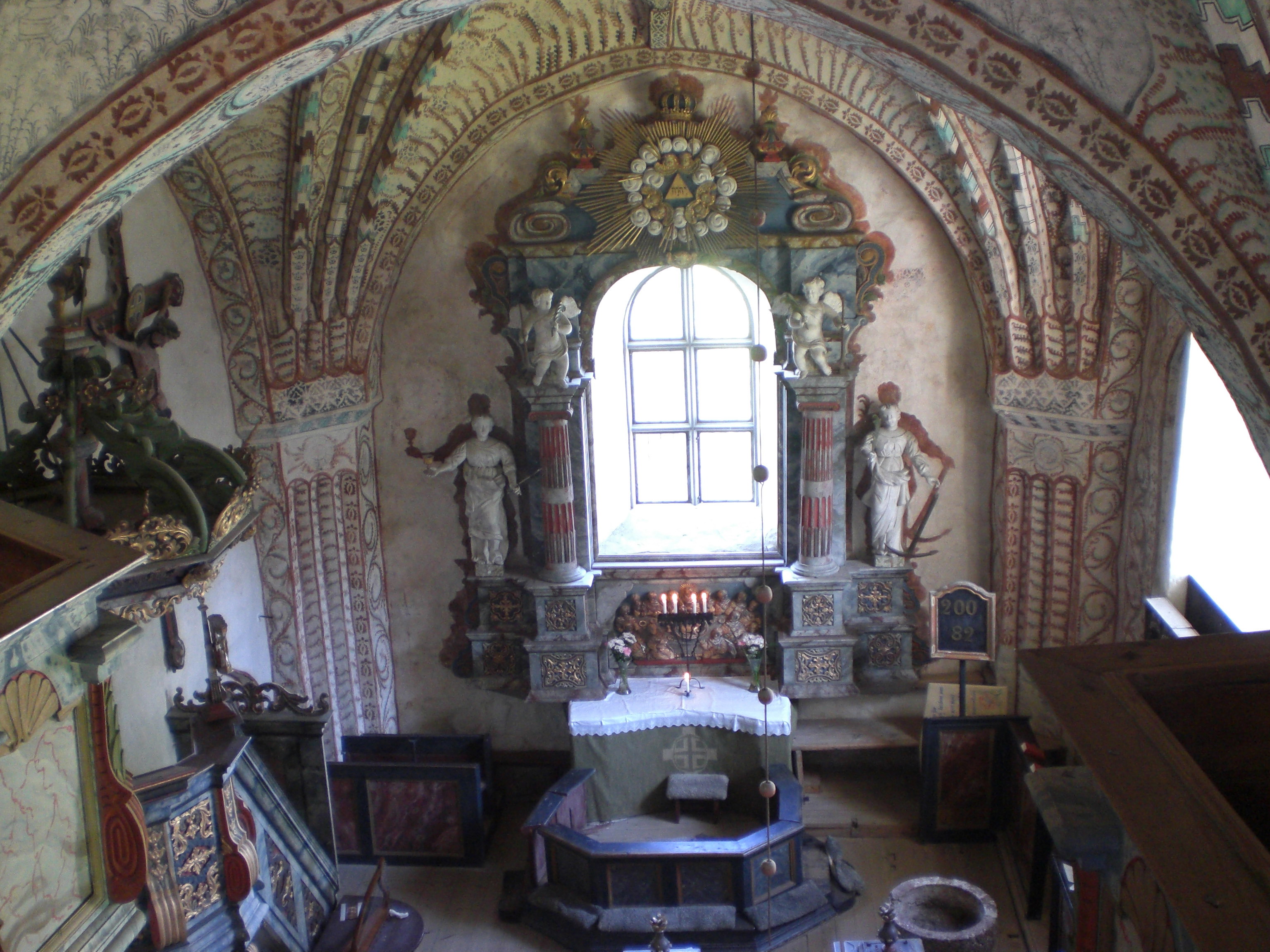 The altar in Ytterlännäs old church in Kramfors Municipality, Sweden, as seen from above.