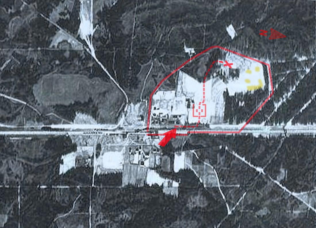 Sobibor extermination camp of the Operation Reinhard in occupied Poland during World War II. Aerial photograph of the camp perimeter. Date unknown, possibly earlier (common with aerial searches for the death factories' most suitable locations). Known camp structures are not there yet, including Camp II barracks (lower centre) built for goods stolen from Holocaust victims, as well as Camp III (Jewish Sonderkommando compound, upper right), and Camp IV (for slave labor, right) abandoned after the Sobibor revolt of 1943. The railway unloading platform (with visible prewar train station) marked with the red arrow, location of gas chambers marked with a cross. Undressing area marked with square with adjacent "Road to Heaven" through the forest marked by a dashed line. Source of the overlaid data: B. Rutherford, 2000, and the Sobibor Museum.