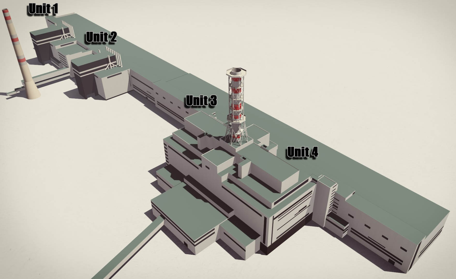 This a rendered computer generated view of what the Chernobyl nuclear power station would have looked like before the accident in 1986.