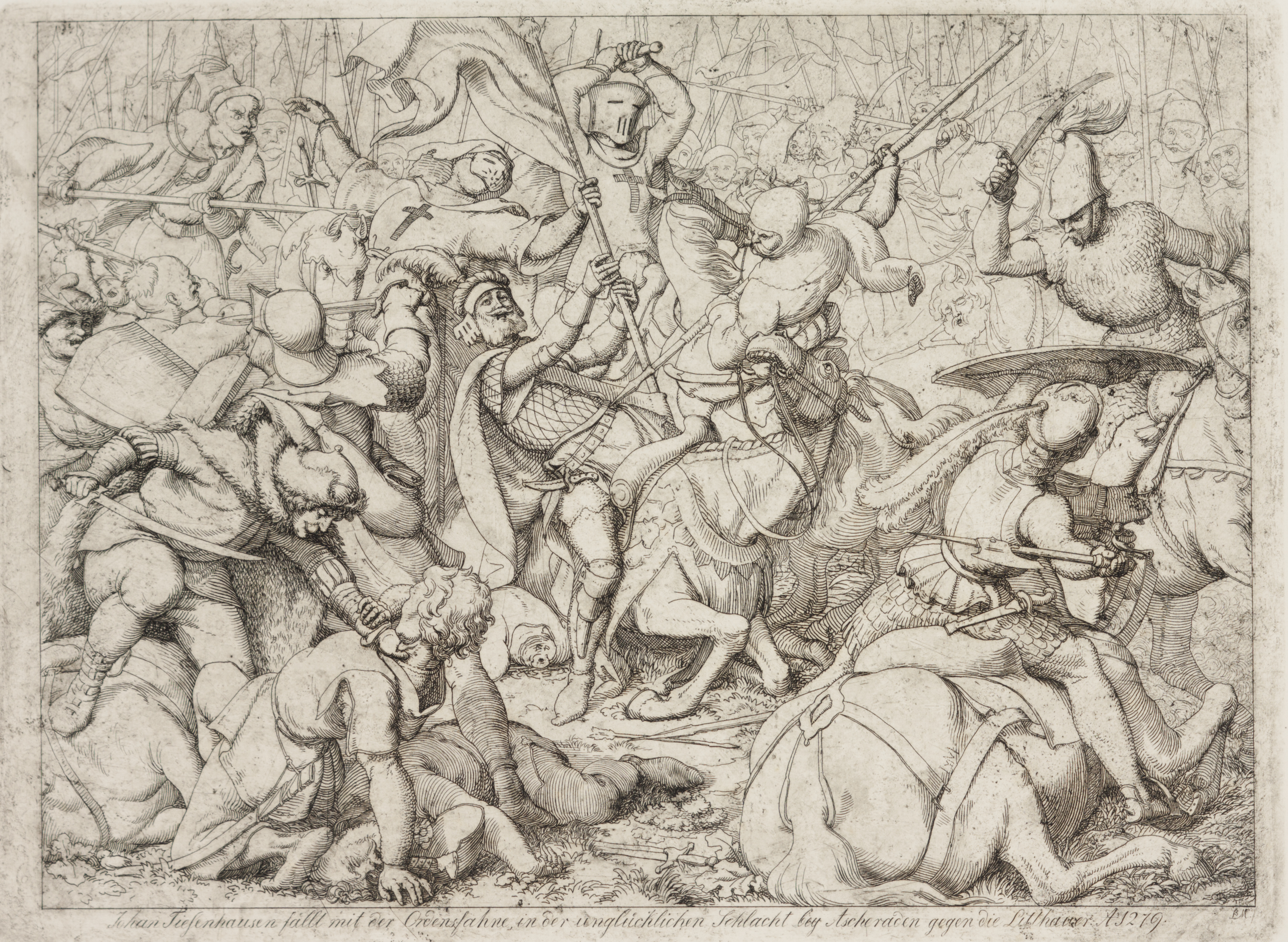 "Ordulipp käes langeb Johann von Tiesenhausen Aizkraukle lahingus leedulaste vastu" (1842). Ofort paberil. Kujutise kõrgus 23,0 cm ja laius 31,0 cm; lehe kõrgus 28,0 cm ja laius 38,7 cm.