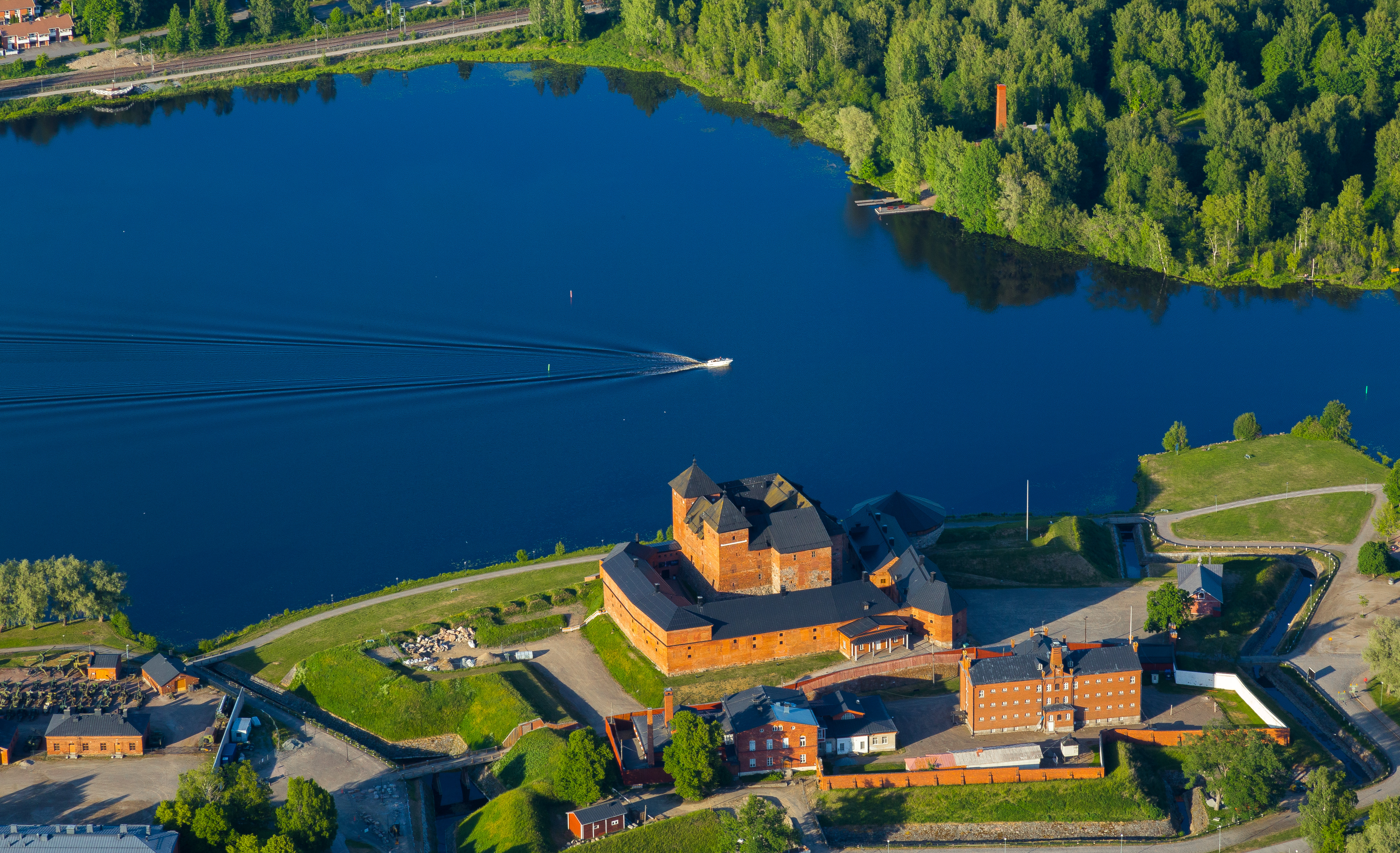 Lake Vanajavesi and Häme Castle in Hämeenlinna, Finland from air