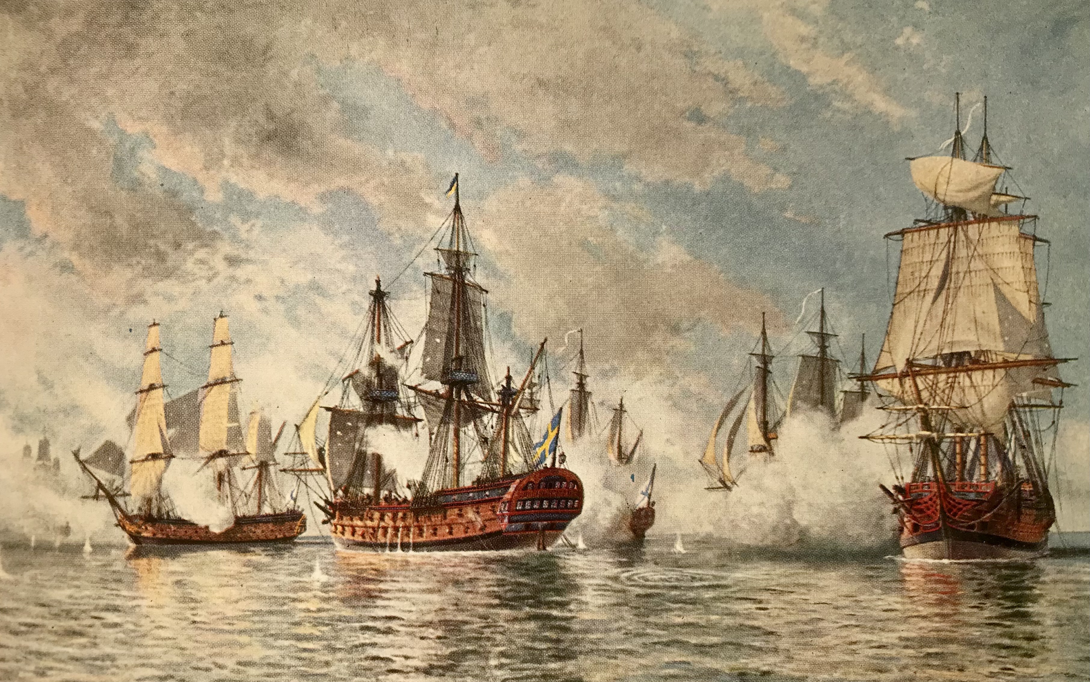 Linjeskeppet Prins Gustaf strider mot fyra ryska linjeskepp under sjöslaget vid Hogland 1788. Målning av den svenske marinmålaren Jacob Hägg, 1922.
