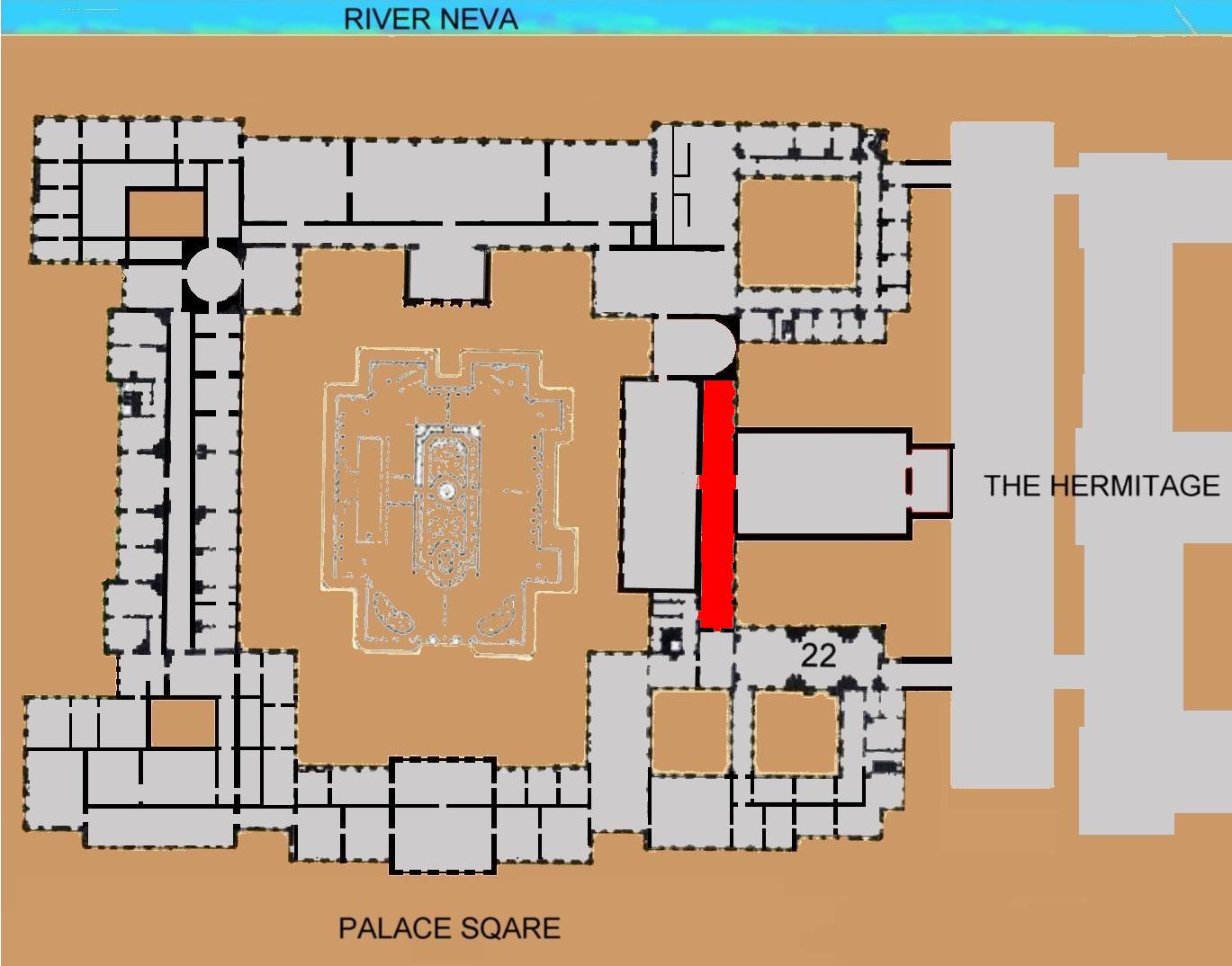 (Plan drawn by uploader to show the location of the Military Gallery, within the Winter Palace, St petersburg.  ))