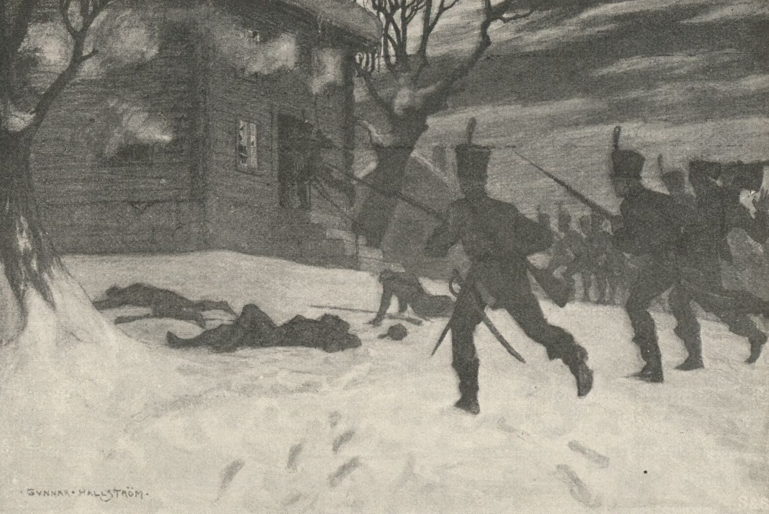 The Swedish assault on the chancellery in Kuopio in the Battle of Kuopio, during the Finnish War.