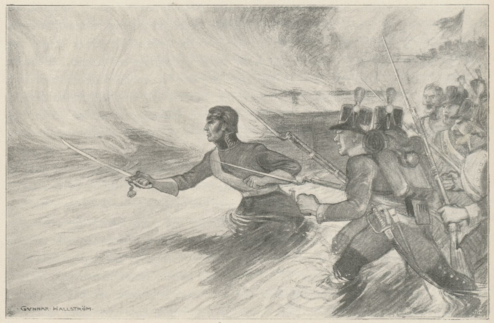 Swedish general Georg Carl von Döbeln leading an attack on the Russians, in the Battle of Nykarleby in 1808, during the Finnish War.