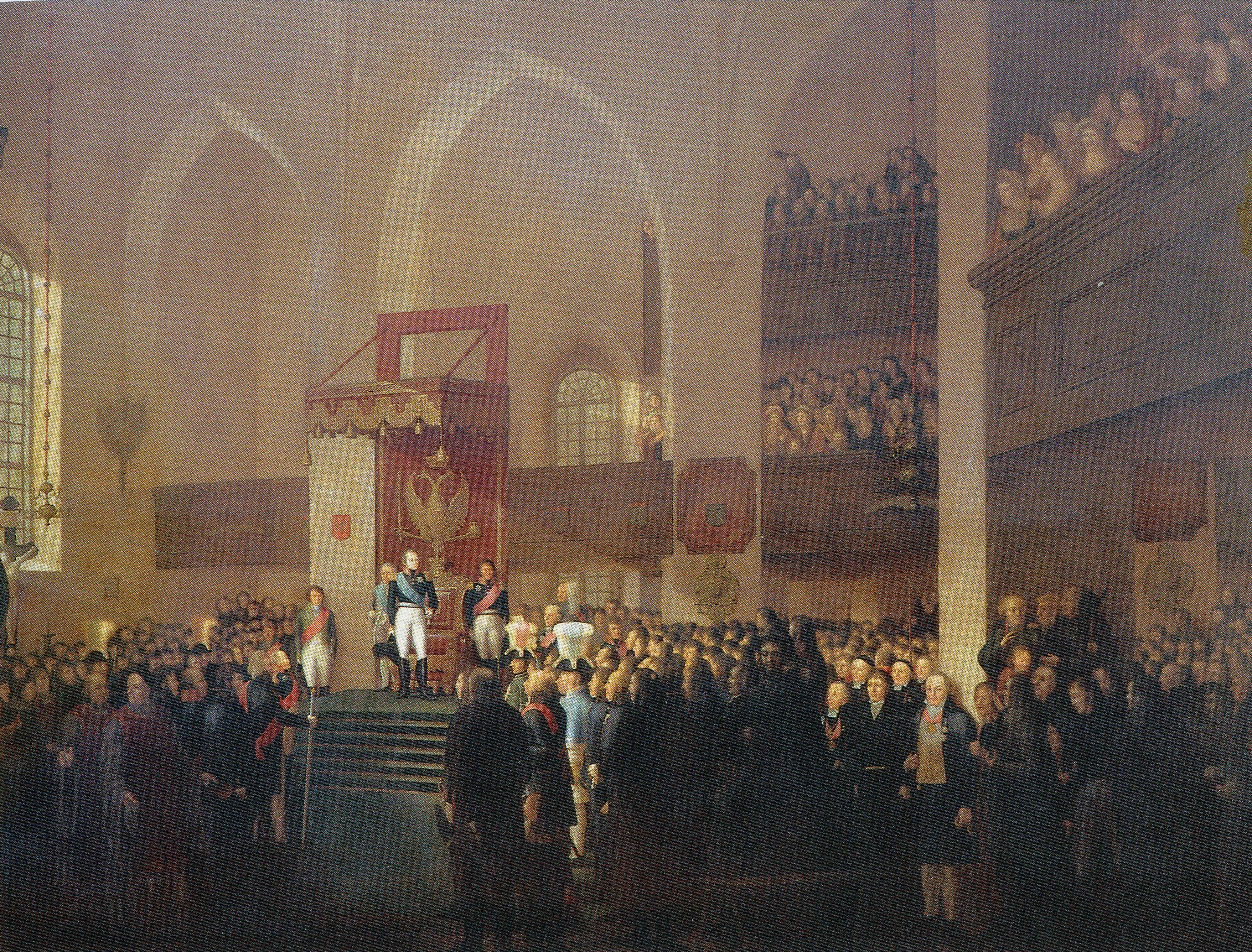 Alexander I opens the Diet of Porvoo in the Lutheran Cathedral, March 29, 1809, adopting the role of a law-bound monach of the Swedish kind, in the Grand Duchy of Finland, and promising to maintain the Lutheran religion, the Swedish laws, and estate privileges of his subjects.