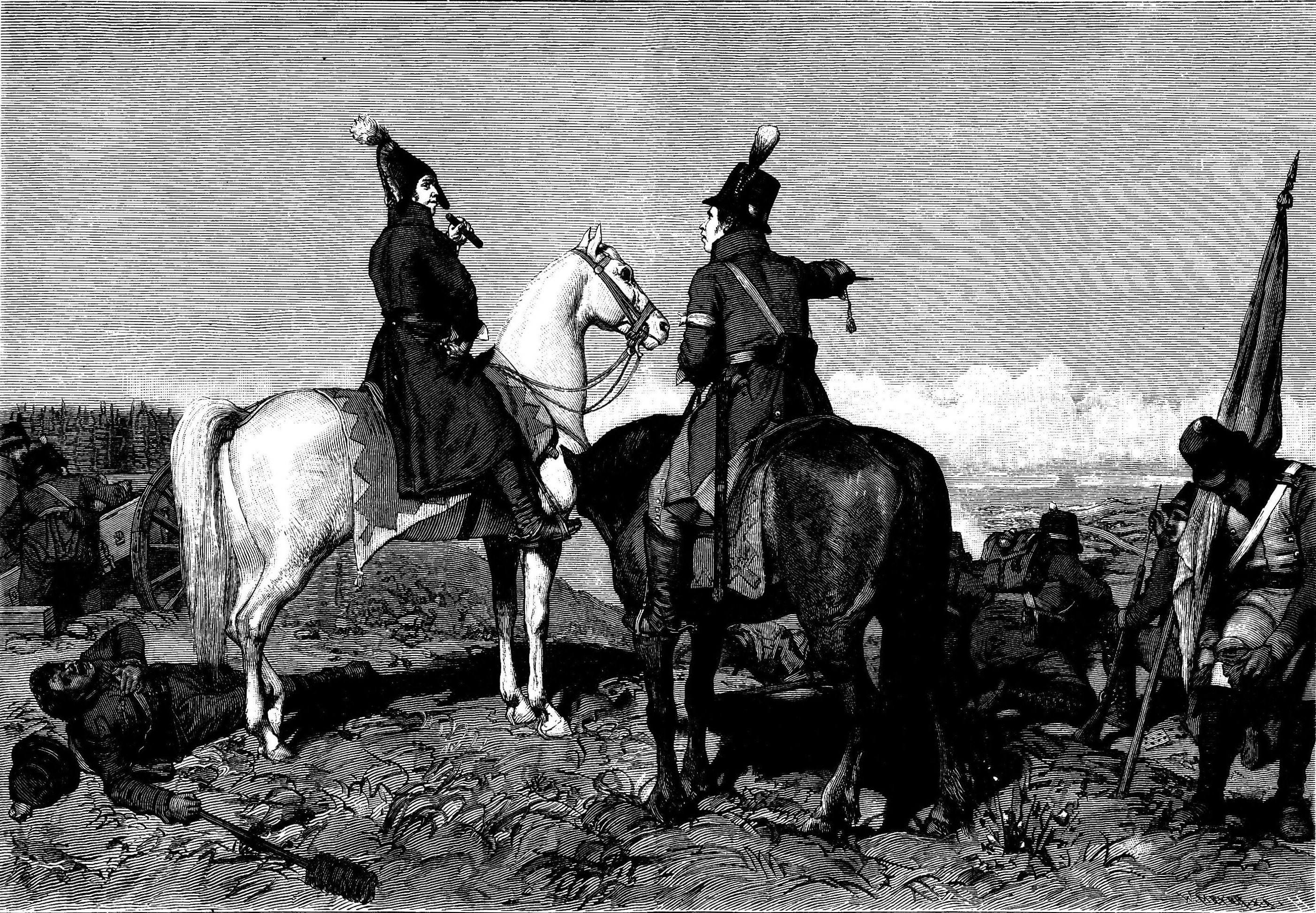 Johan August Sandels commanding his Swedish troops against the attacking Russians, at the Battle of Koljonvirta (1808), during the Finnish War.